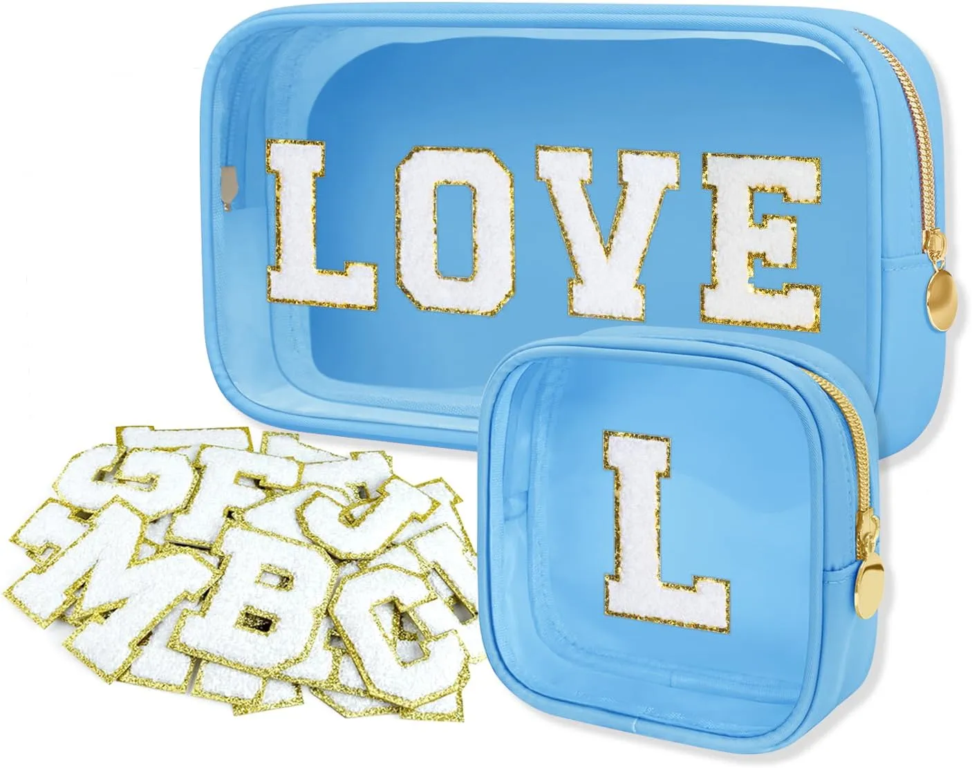 2PCS Personalized Preppy Makeup Bag Set, Small Makeup Pouch & Large Cosmetic Bag, Premium 26 Chenille Letters, Cute Skincare Bag, Birthday Gifts for Girls Woman (Blue)