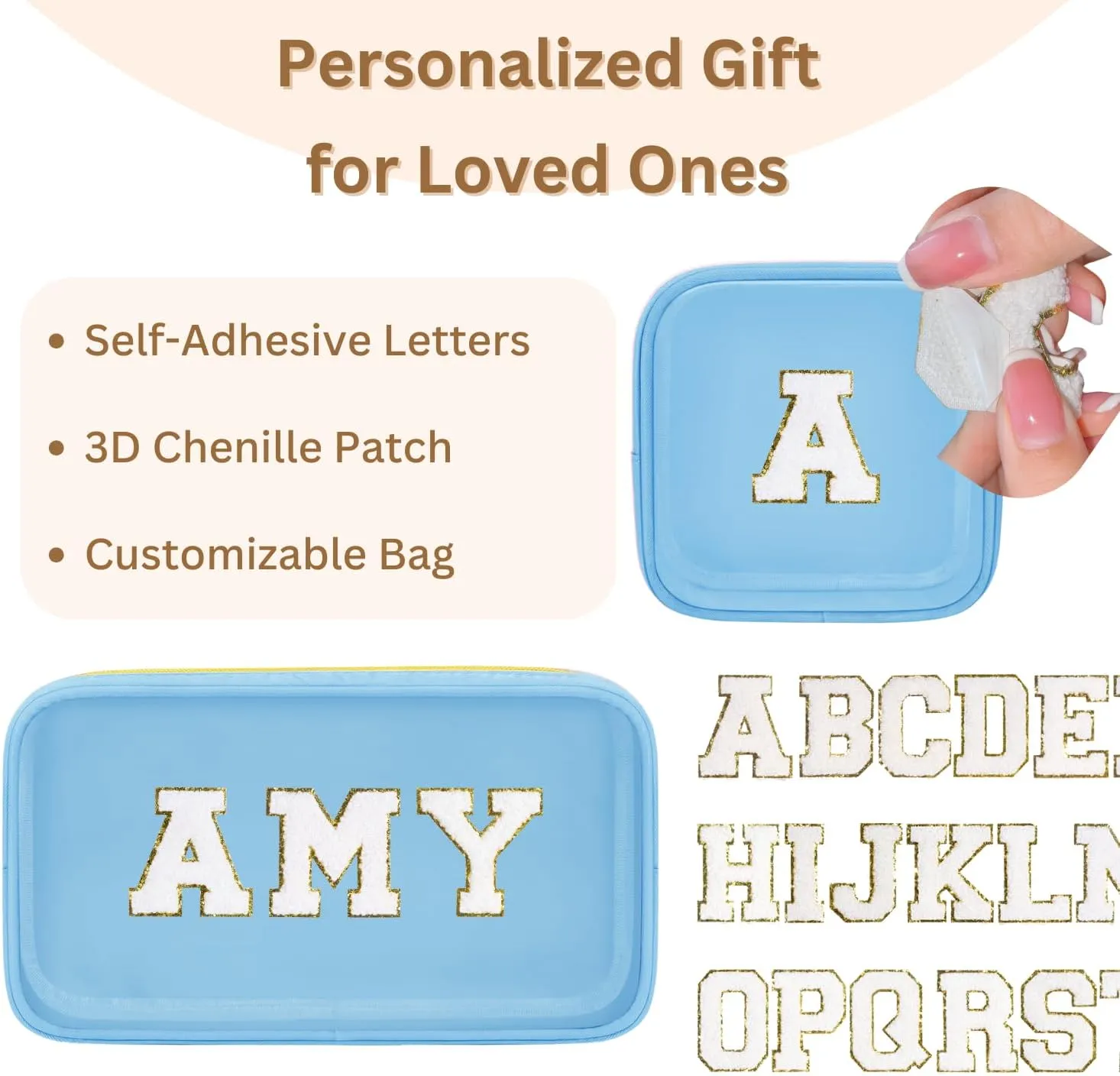 2PCS Personalized Preppy Makeup Bag Set, Small Makeup Pouch & Large Cosmetic Bag, Premium 26 Chenille Letters, Cute Skincare Bag, Birthday Gifts for Girls Woman (Blue)