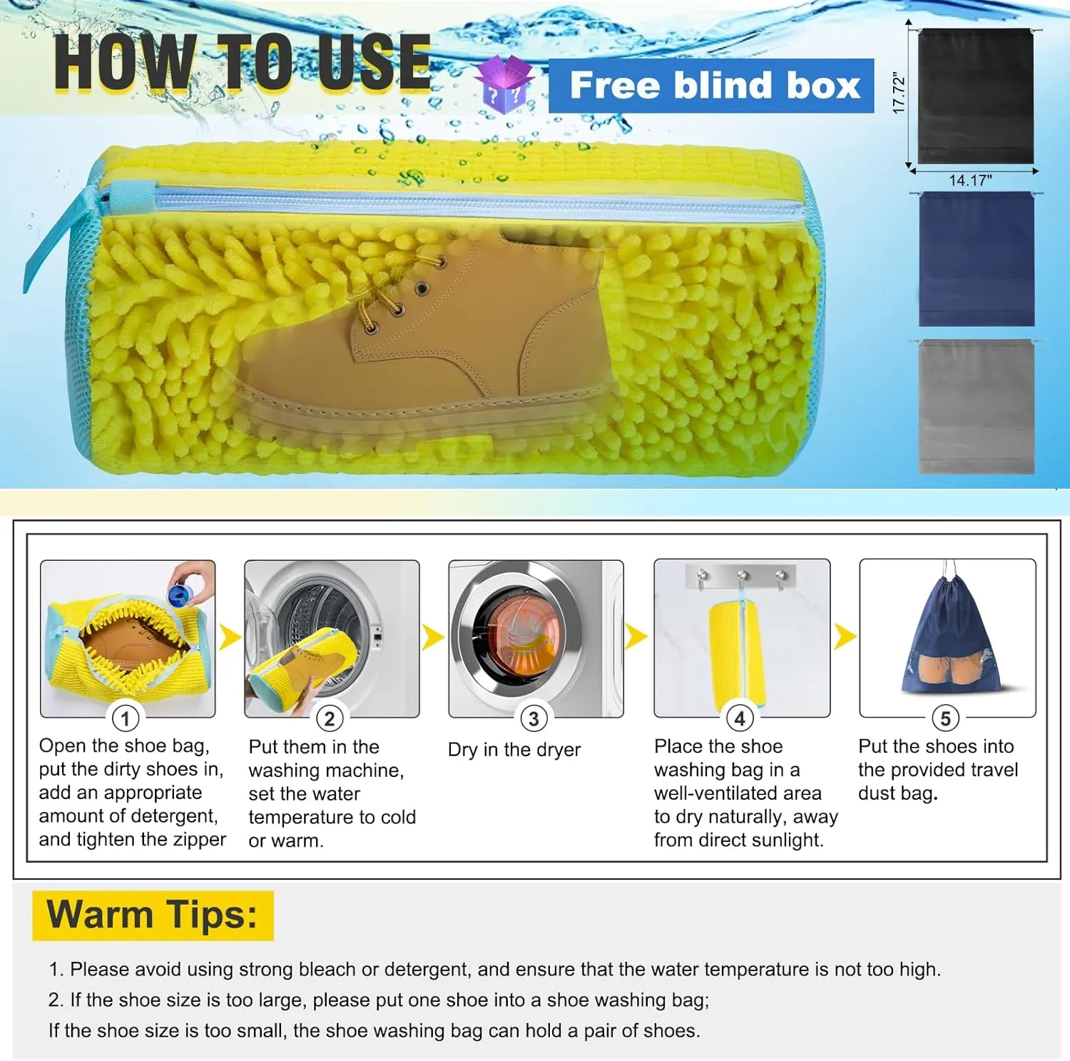 2Pcs Shoe Washing Machine Bag: Laundry Shoe Bag for Washer and Dryer Include Dust-Proof Shoes Bag - Reusable Shoe Cleaning Bag for Sneaker Tennis Shoes Unstain Cleaner Kit (Yellow)