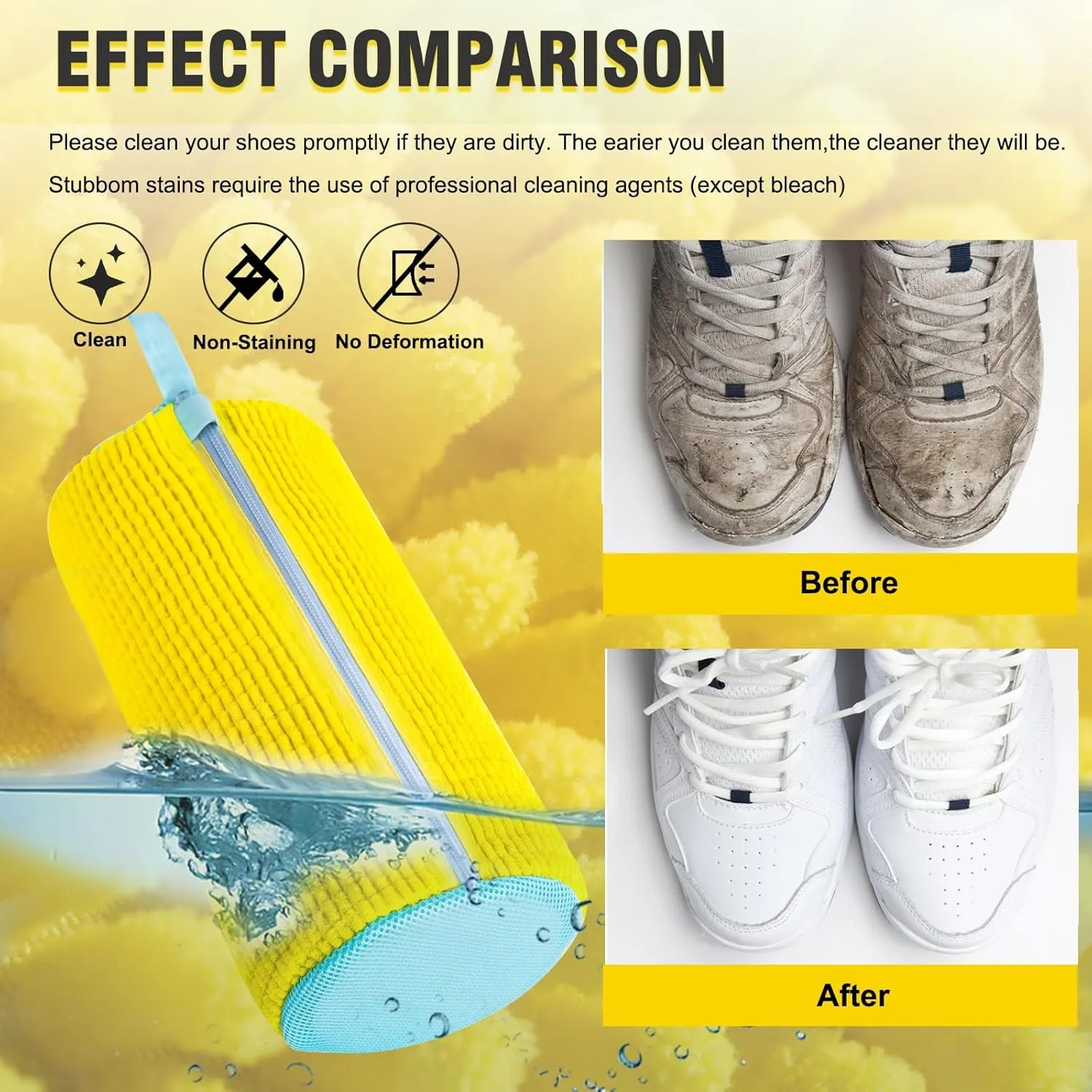 2Pcs Shoe Washing Machine Bag: Laundry Shoe Bag for Washer and Dryer Include Dust-Proof Shoes Bag - Reusable Shoe Cleaning Bag for Sneaker Tennis Shoes Unstain Cleaner Kit (Yellow)