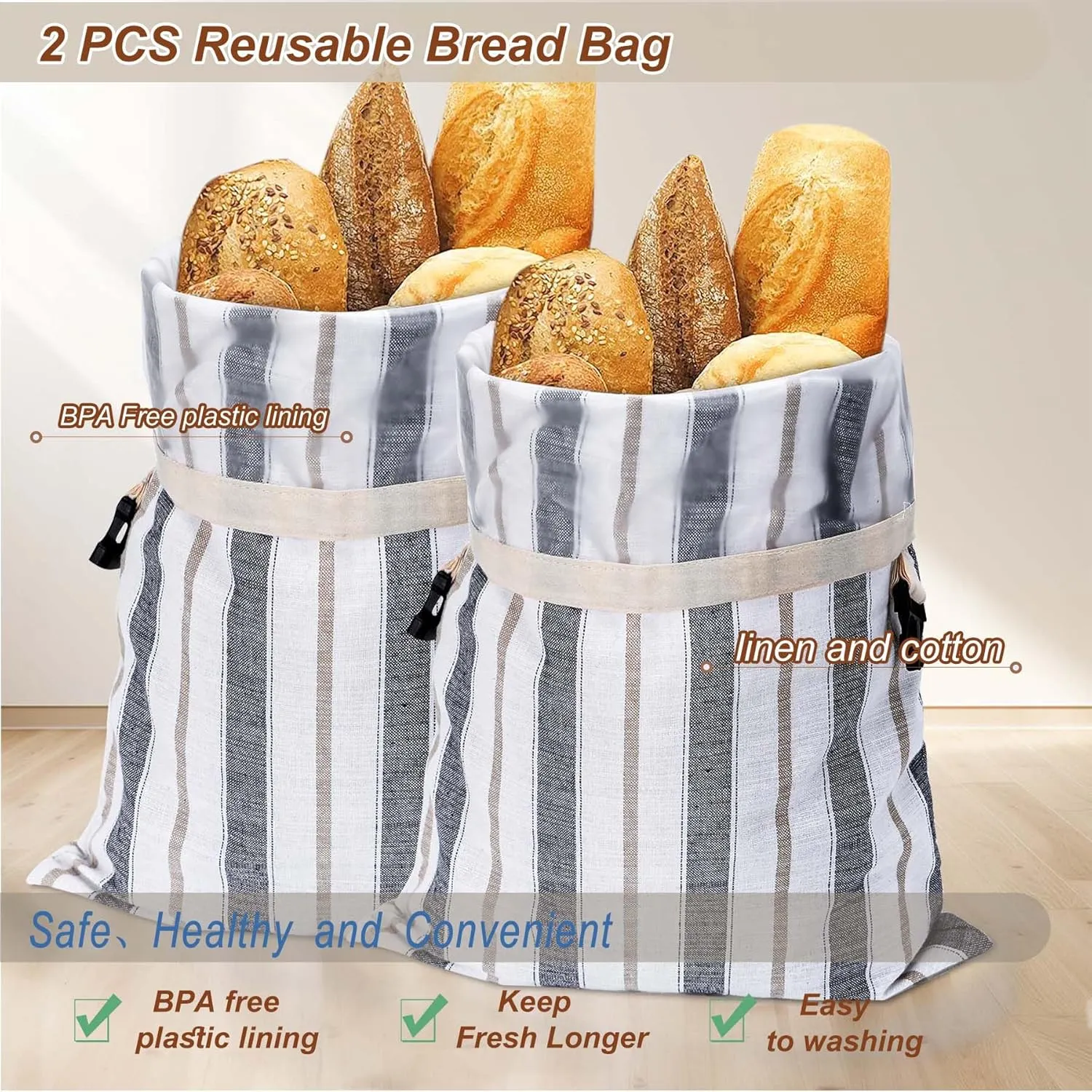 [2Pcs]Reusable Linen Bread Bags for Homemade, Large Plastic Lined/Blue stripe Sourdough Bread storage Bags Supplies(16x12”)