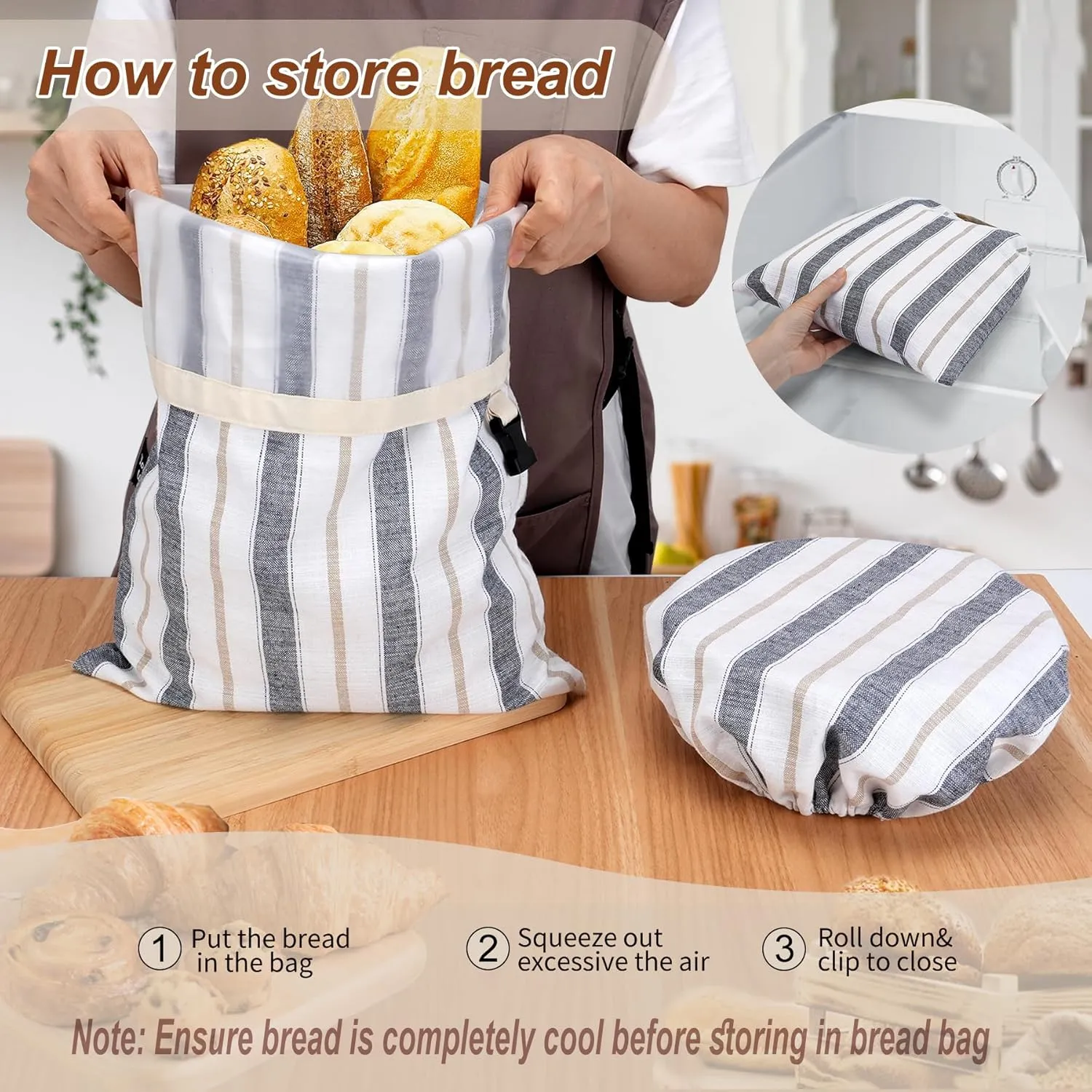 [2Pcs]Reusable Linen Bread Bags for Homemade, Large Plastic Lined/Blue stripe Sourdough Bread storage Bags Supplies(16x12”)