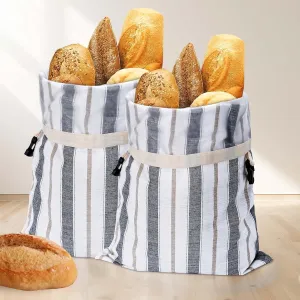 [2Pcs]Reusable Linen Bread Bags for Homemade, Large Plastic Lined/Blue stripe Sourdough Bread storage Bags Supplies(16x12”)