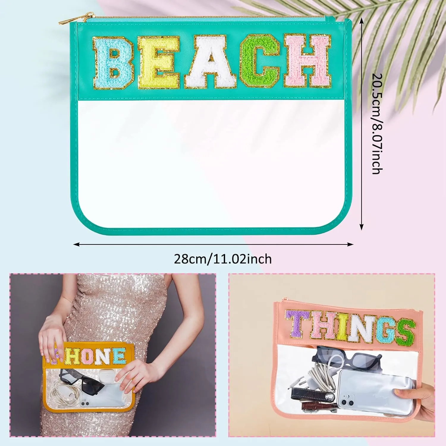 3 Pcs Chenille Letter Zipper Pouch for Travel Clear Snack Bags Waterproof Cosmetic Pouch Nylon Gym Beach Multipurpose Makeup Bag for Women Girl(Beach, Phone, Things,Candy Color)