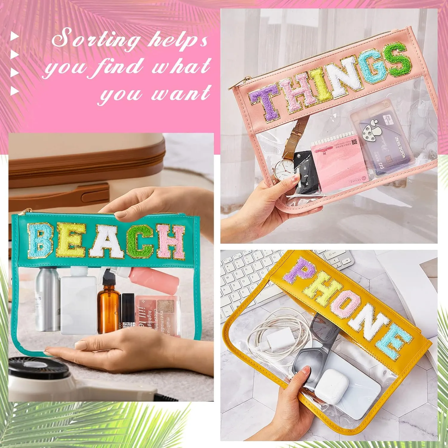 3 Pcs Chenille Letter Zipper Pouch for Travel Clear Snack Bags Waterproof Cosmetic Pouch Nylon Gym Beach Multipurpose Makeup Bag for Women Girl(Beach, Phone, Things,Candy Color)