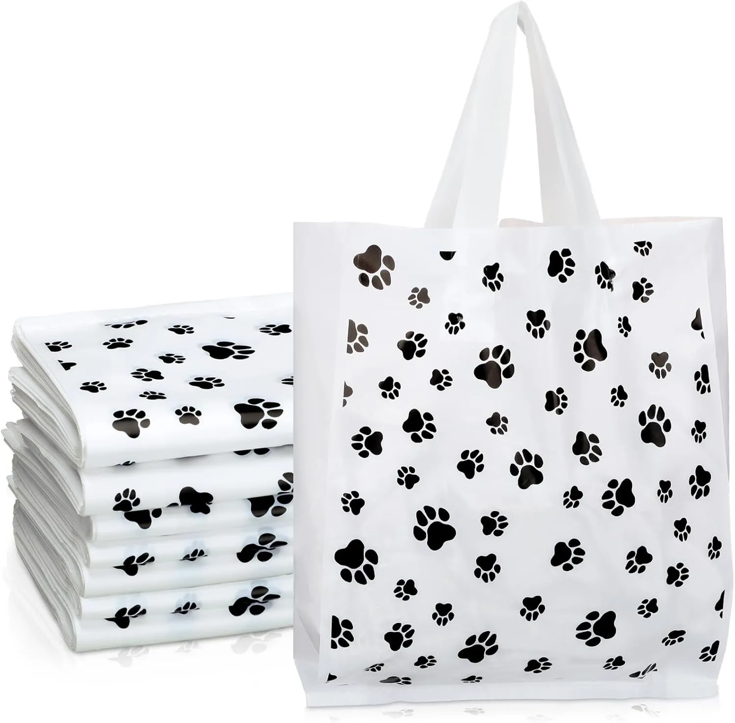 300 Pcs Dog Paw Bags with Handles - Plastic Print Treat Gift Bags for Selling, Shopping, Merchandise, Small Business, Party Favor, 7.87 x 9.45 Inch