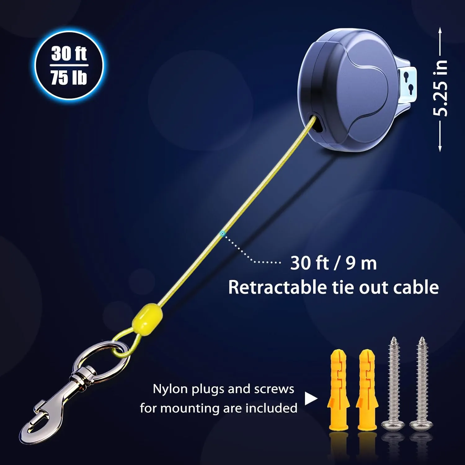 30ft Wall Mount Retractable Dog Tie Out Cable for Small to Large Dogs Between 20-100 lbs, Patented Retractable Dog Lead Great for Yard/Garden - Durable for 70,000 Cycles (Black, 30ft)