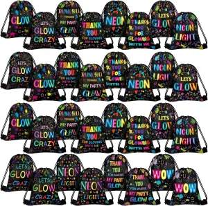 32 Pack Light Up Neon Party Favor Drawstring Backpack Bags - Birthday Candy Supplies for Glow Theme Decoration
