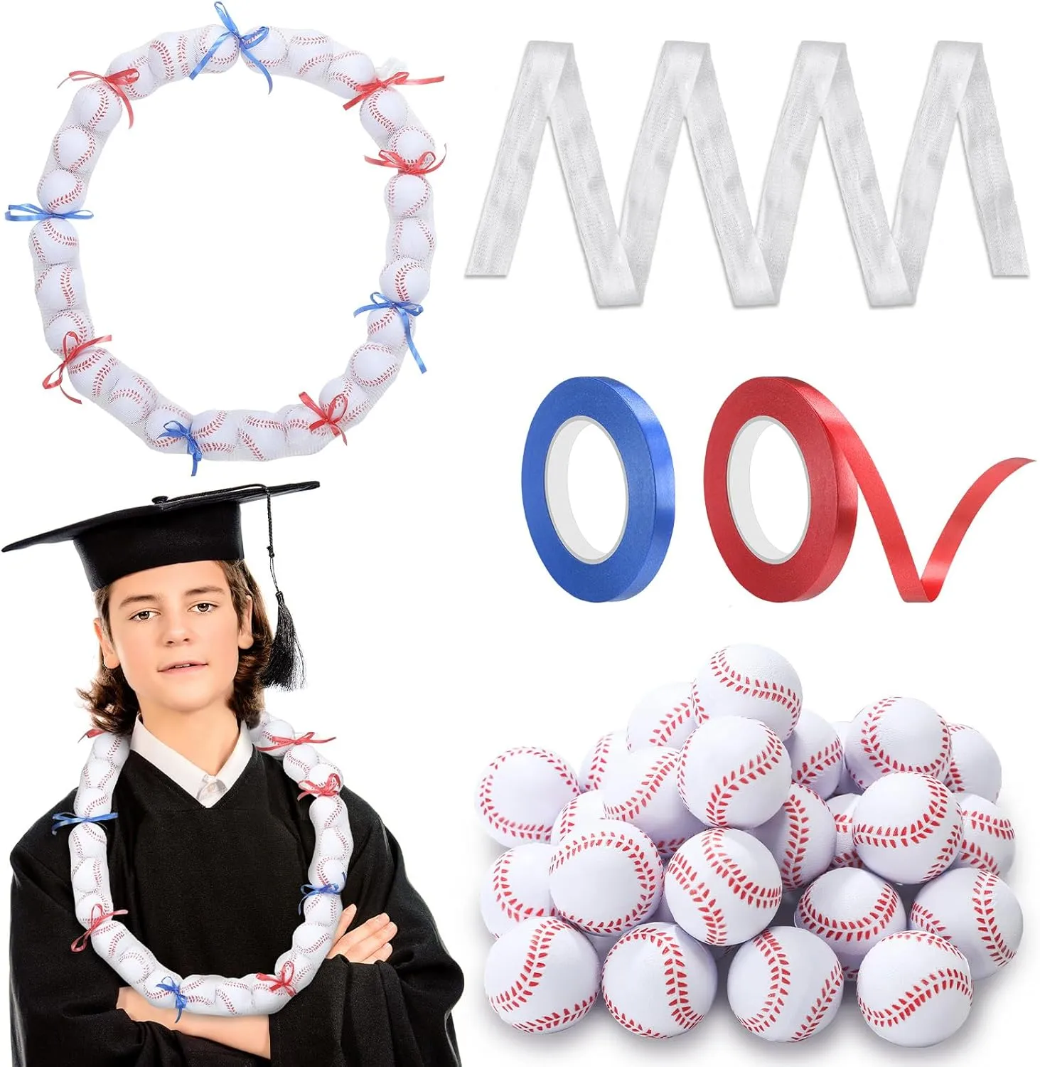 33 Pcs Baseball Lei Making Kit Senior Night Graduation Candy Lei Tubing Baseball Senior Night Gift Game Party Supplies with Mesh DIY Garland Bags