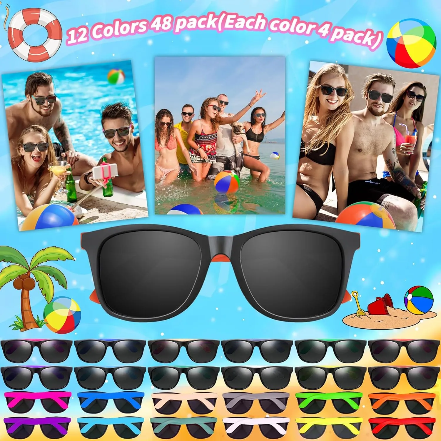 48/72 PCS Sunglasses Beach Balls Party Favors 12" Inflatable Pool Beach Balls Bulk for Kids Adults Rainbow Pool Balls Park Backyard Summer Water Birthday Parties Supplies