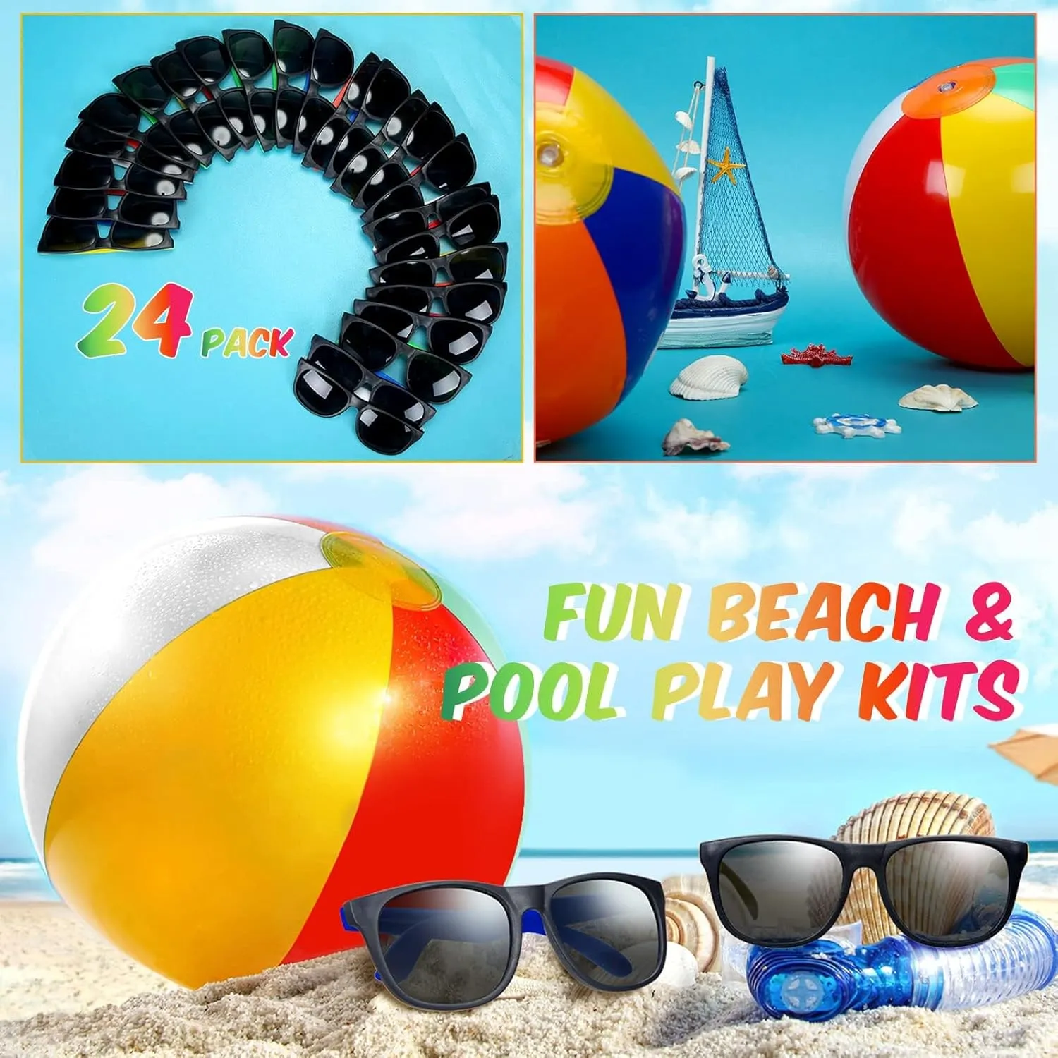 48/72/96 PCS Sunglasses Beach Balls Party Favors 12" Inflatable Pool Beach Balls Bulk for Kids Adults Rainbow Pool Balls Park Backyard Summer Water Birthday Parties Supplies