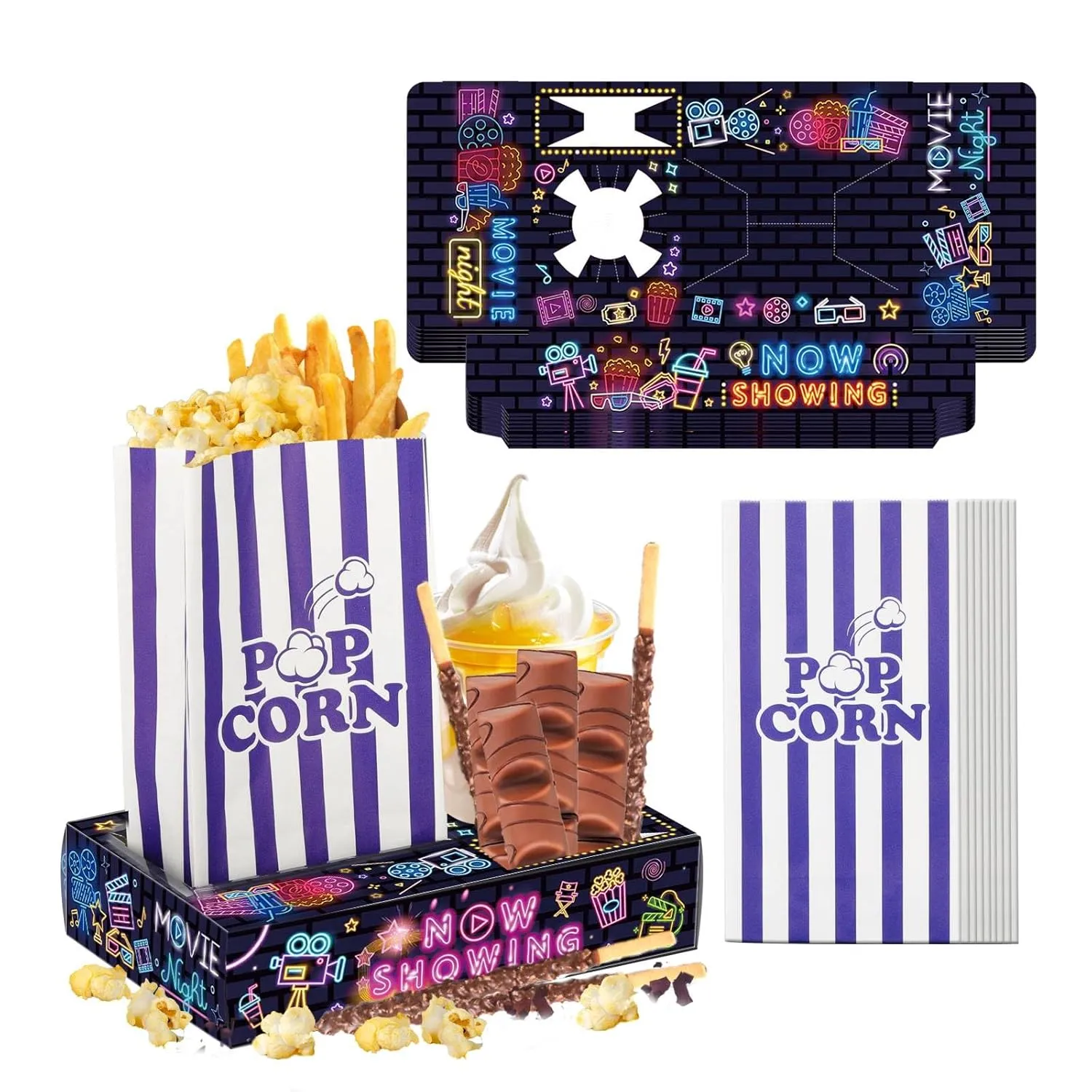 48Pcs Movie Night Supplies 24Pcs Neon Movie Night Snack Trays with 24Pcs Popcorn Bags, Theater Candy Boxes for Neon Glow Birthday Party Supplies