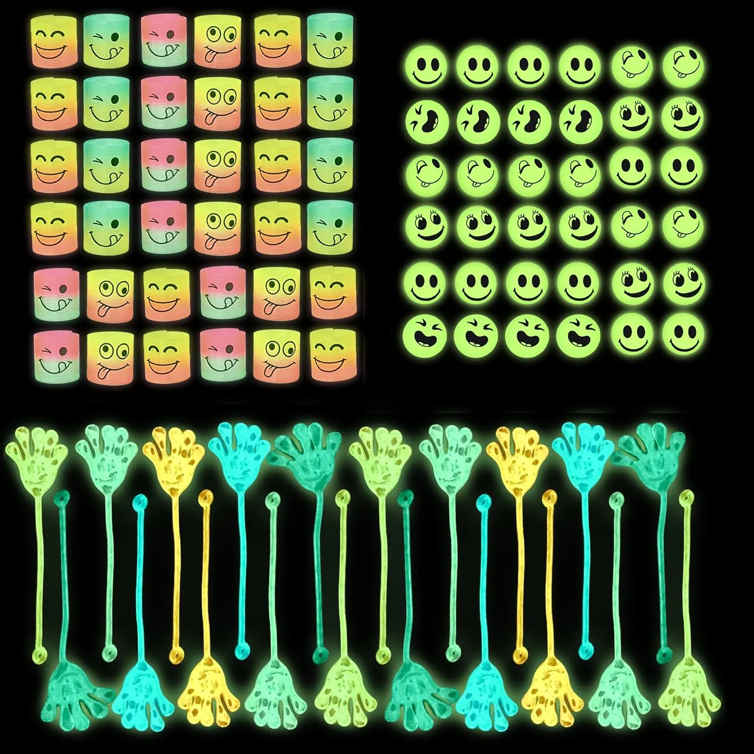4E's Novelty 108 Pcs Glow in The Dark Toys - 36 Bouncy Balls, 36 Coil Spring, 36 Sticky Hands, Bulk Party Favor or Kids Goodie Bags Birthday Party Supplies, Easter Egg Filler & Basket STuffers