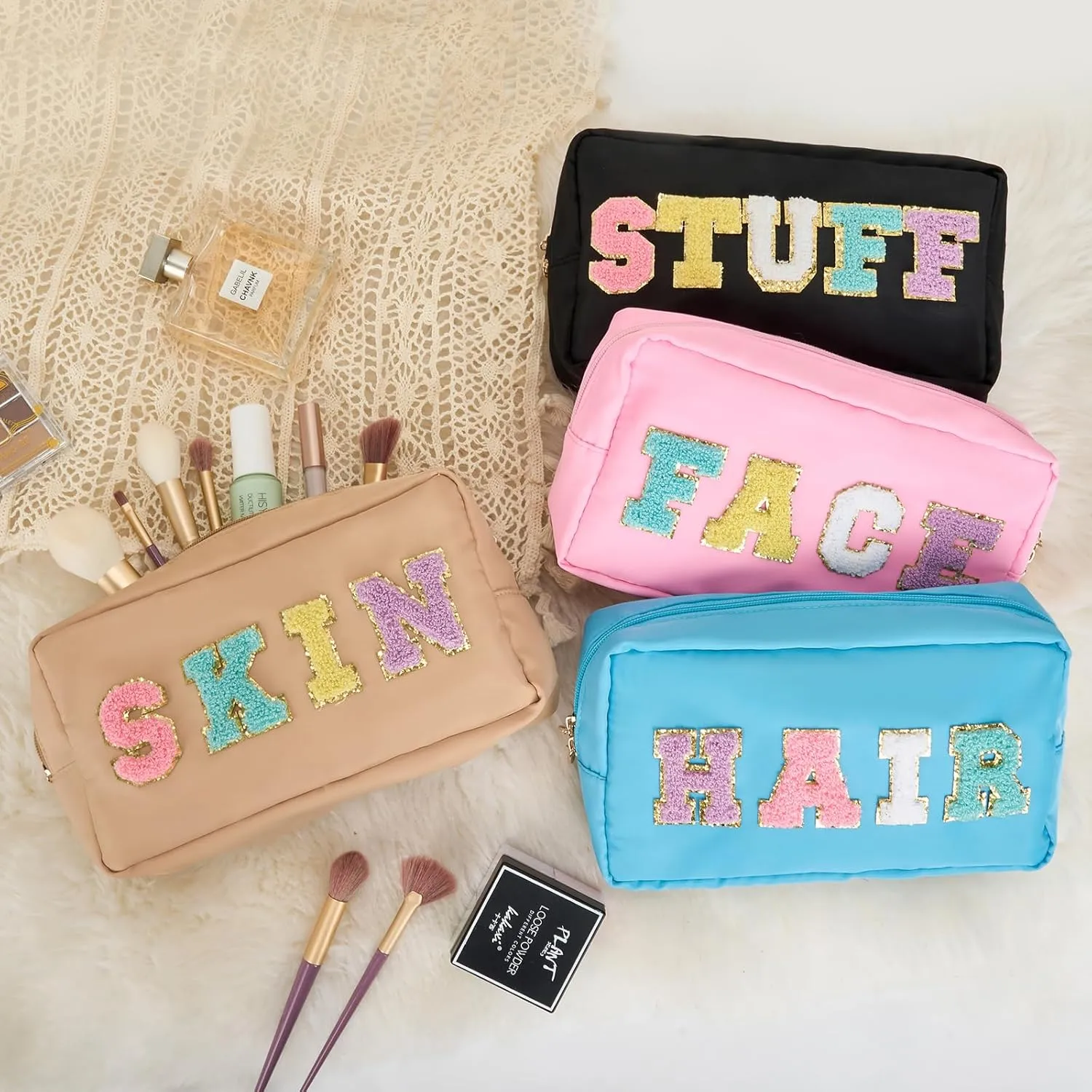 4Pcs Makeup Bag Stoney Clover Preppy Patch Varsity Letter Makeup Nylon Cosmetic Bag Sewn with Skin Hair Face Stuff Chenille Letter Toiletry Bag Portable Zipper Purse Travel Organizer for Women