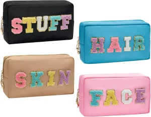 4Pcs Makeup Bag Stoney Clover Preppy Patch Varsity Letter Makeup Nylon Cosmetic Bag Sewn with Skin Hair Face Stuff Chenille Letter Toiletry Bag Portable Zipper Purse Travel Organizer for Women
