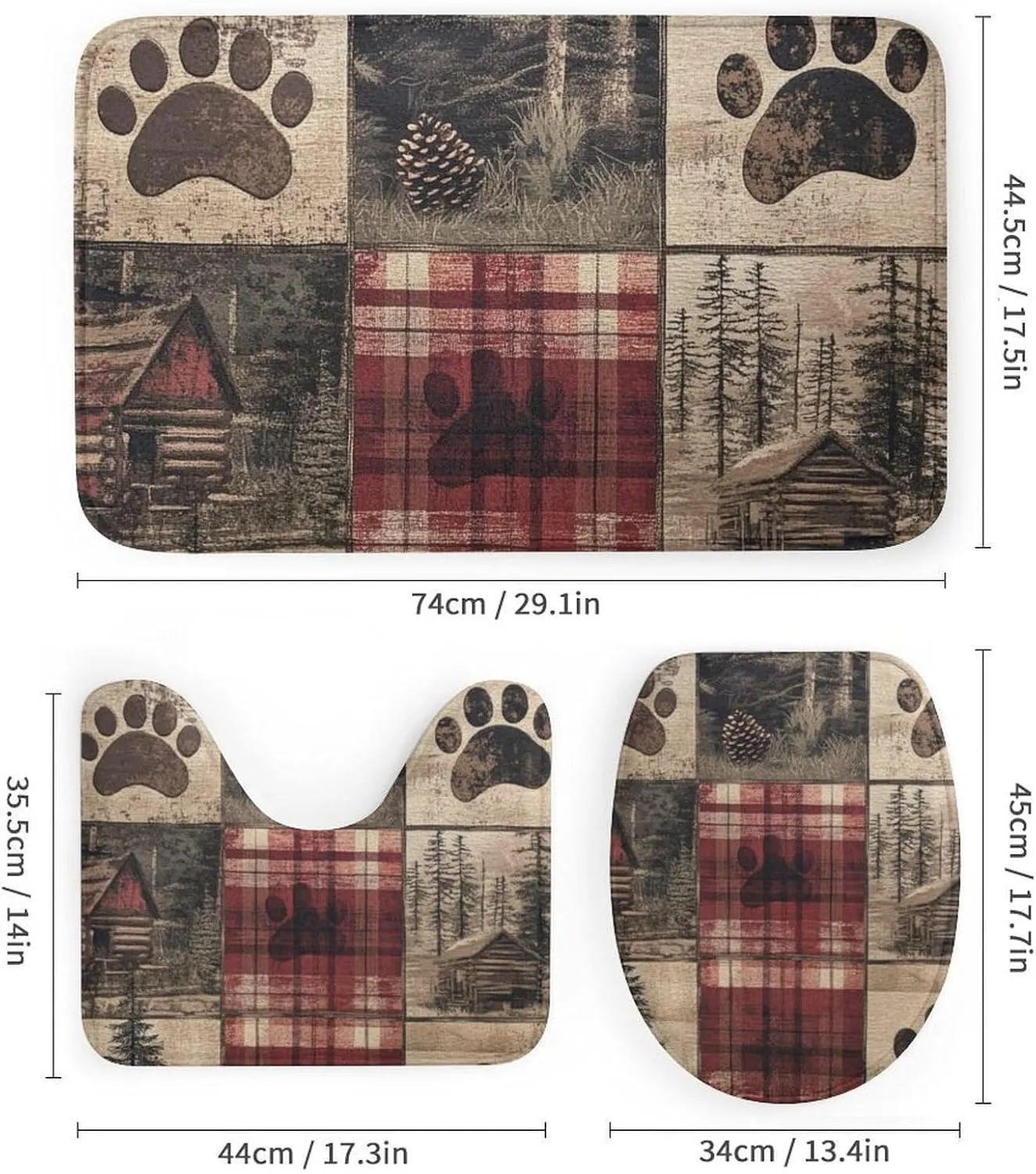 4Pcs Retro Jungle Cabin Rustic Shower Curtain Sets, Bath Mat and Rugs, Tree Bear Paw Patchwork Shower Curtain with Hooks for Bathroom