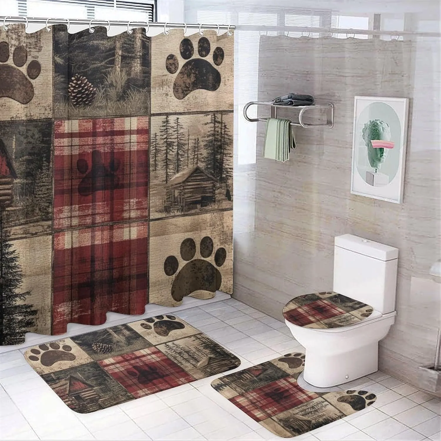 4Pcs Retro Jungle Cabin Rustic Shower Curtain Sets, Bath Mat and Rugs, Tree Bear Paw Patchwork Shower Curtain with Hooks for Bathroom