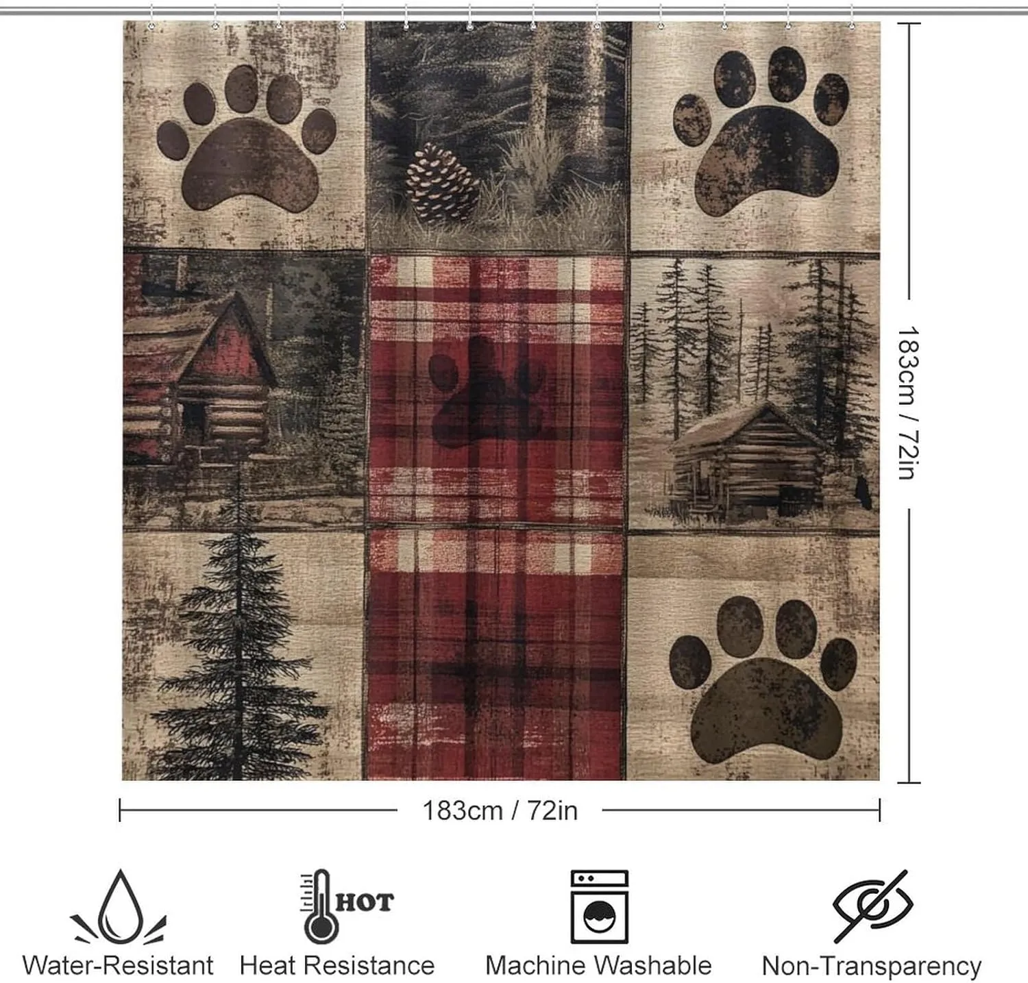 4Pcs Retro Jungle Cabin Rustic Shower Curtain Sets, Bath Mat and Rugs, Tree Bear Paw Patchwork Shower Curtain with Hooks for Bathroom