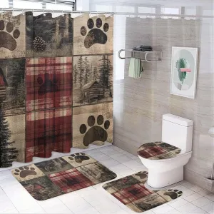 4Pcs Retro Jungle Cabin Rustic Shower Curtain Sets, Bath Mat and Rugs, Tree Bear Paw Patchwork Shower Curtain with Hooks for Bathroom