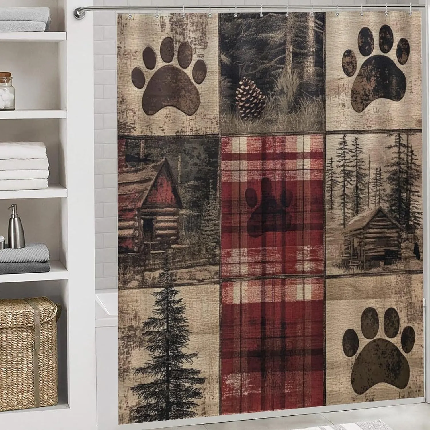 4Pcs Retro Jungle Cabin Rustic Shower Curtain Sets, Bath Mat and Rugs, Tree Bear Paw Patchwork Shower Curtain with Hooks for Bathroom