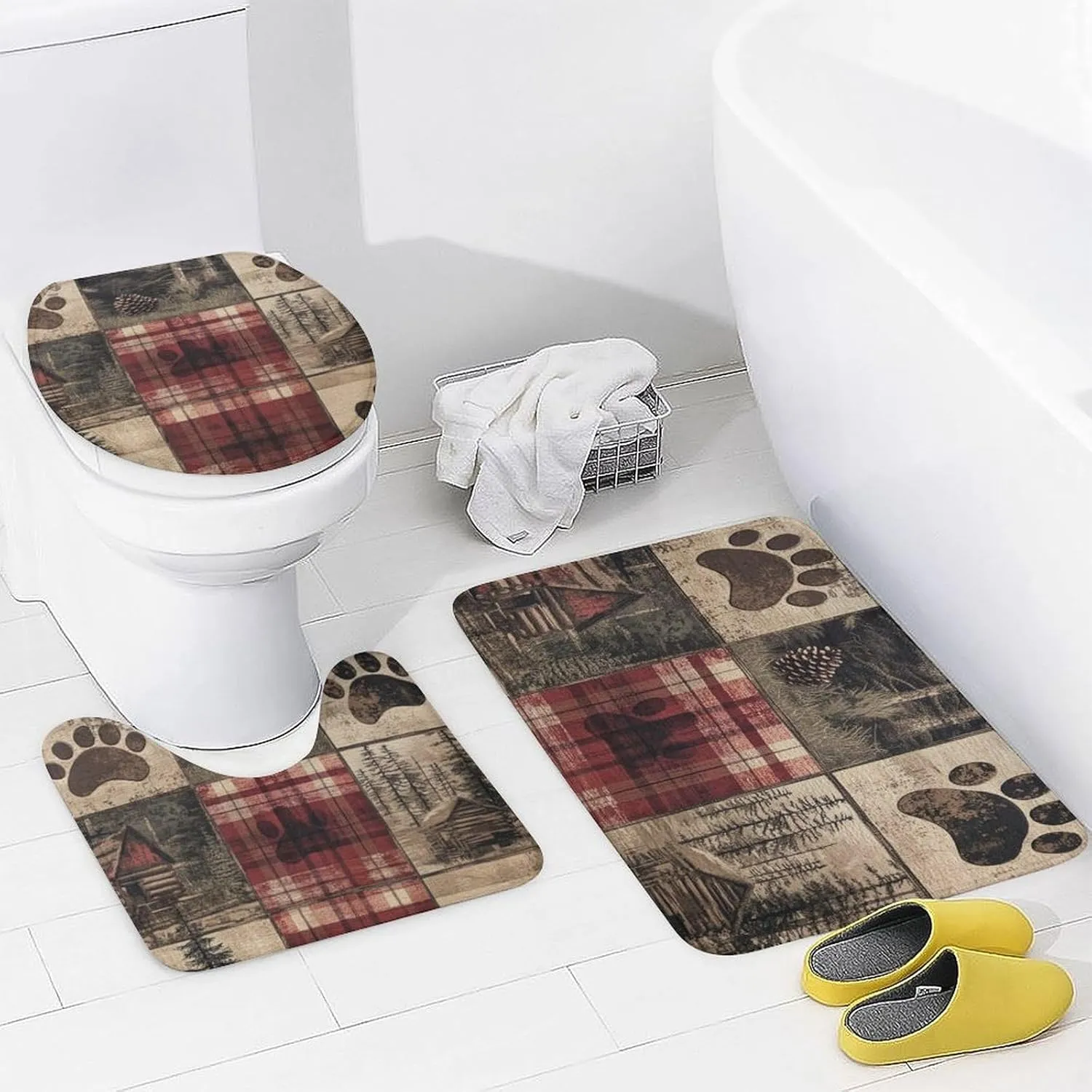 4Pcs Retro Jungle Cabin Rustic Shower Curtain Sets, Bath Mat and Rugs, Tree Bear Paw Patchwork Shower Curtain with Hooks for Bathroom