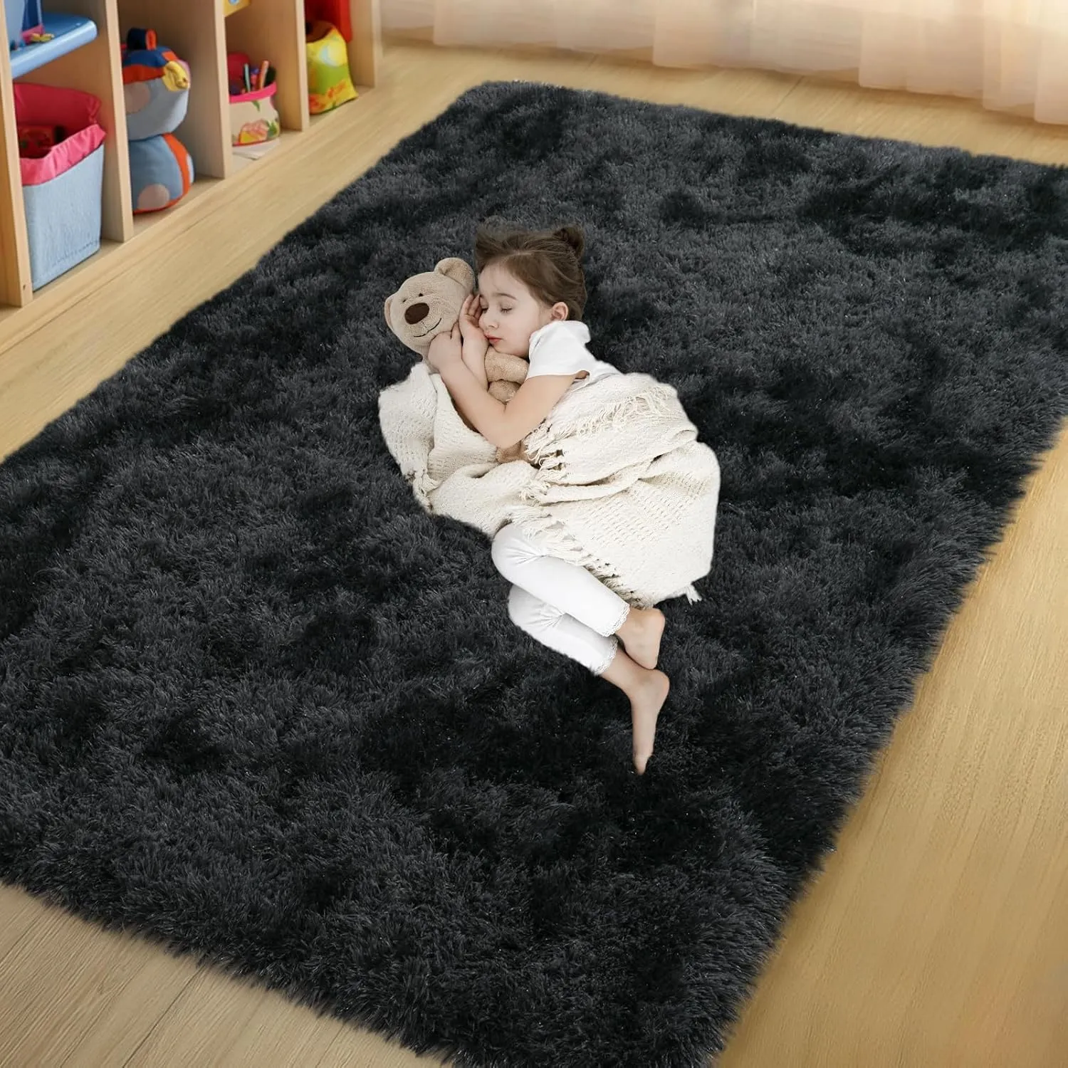 4x6 Area Rugs for Bedroom, Fluffy Soft Shag Rugs for Living Room, Small Fuzzy Plush Shaggy Carpets for Boys and Girls Dorm Room Home Decor (4ft x 6ft, Tie-Dyed Black Grey)