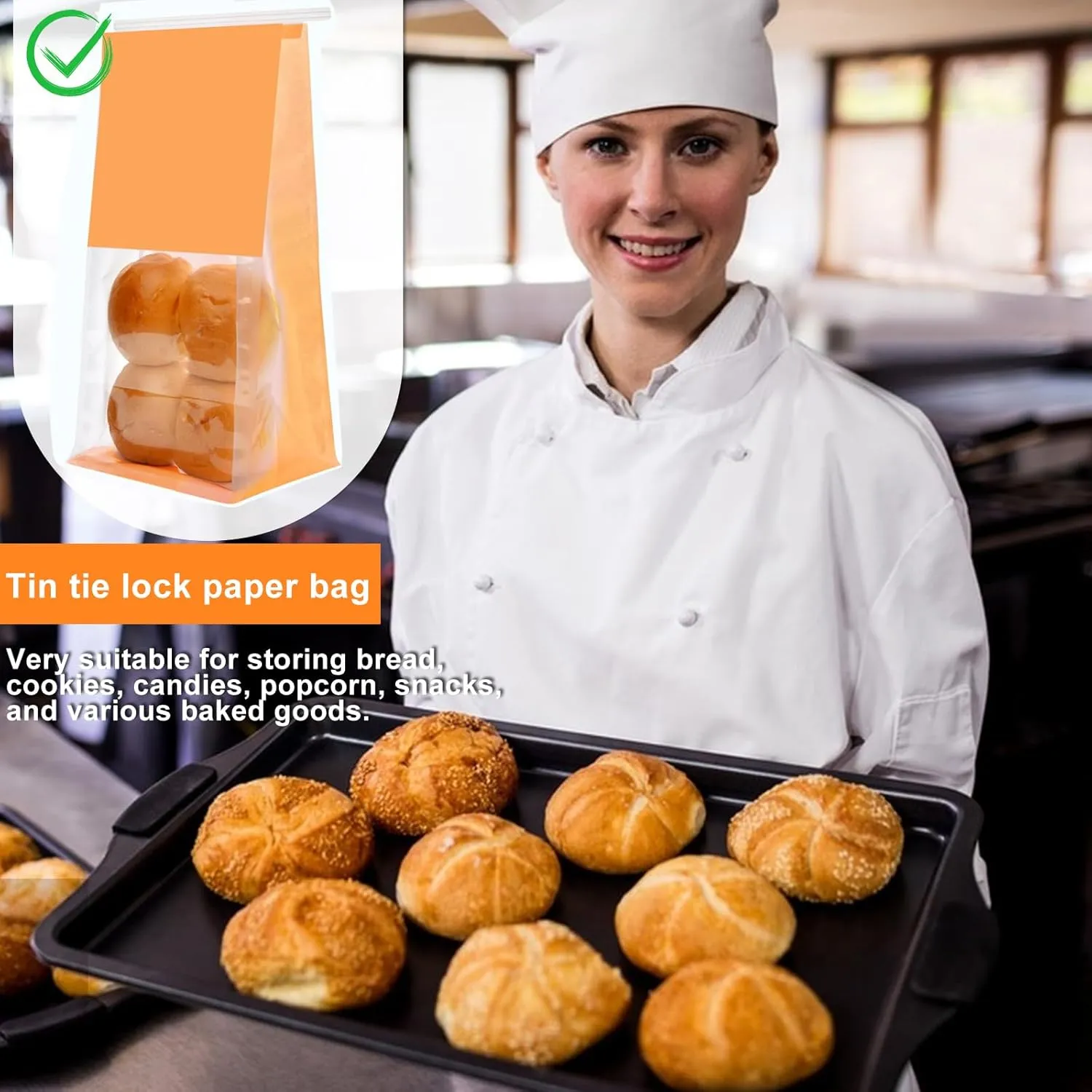 50 Pack Bakery Bags with Window - Reusable Kraft Paper Bread Bags with Tin Tie Tab Lock, Can Stand Upright, Orange