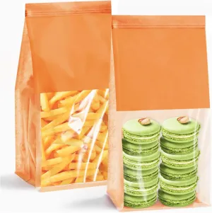 50 Pack Bakery Bags with Window - Reusable Kraft Paper Bread Bags with Tin Tie Tab Lock, Can Stand Upright, Orange