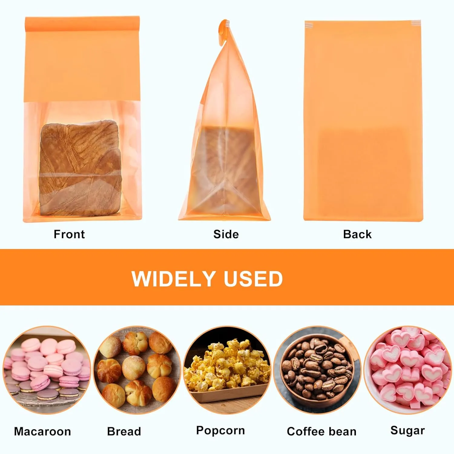 50 Pack Bakery Bags with Window - Reusable Kraft Paper Bread Bags with Tin Tie Tab Lock, Can Stand Upright, Orange
