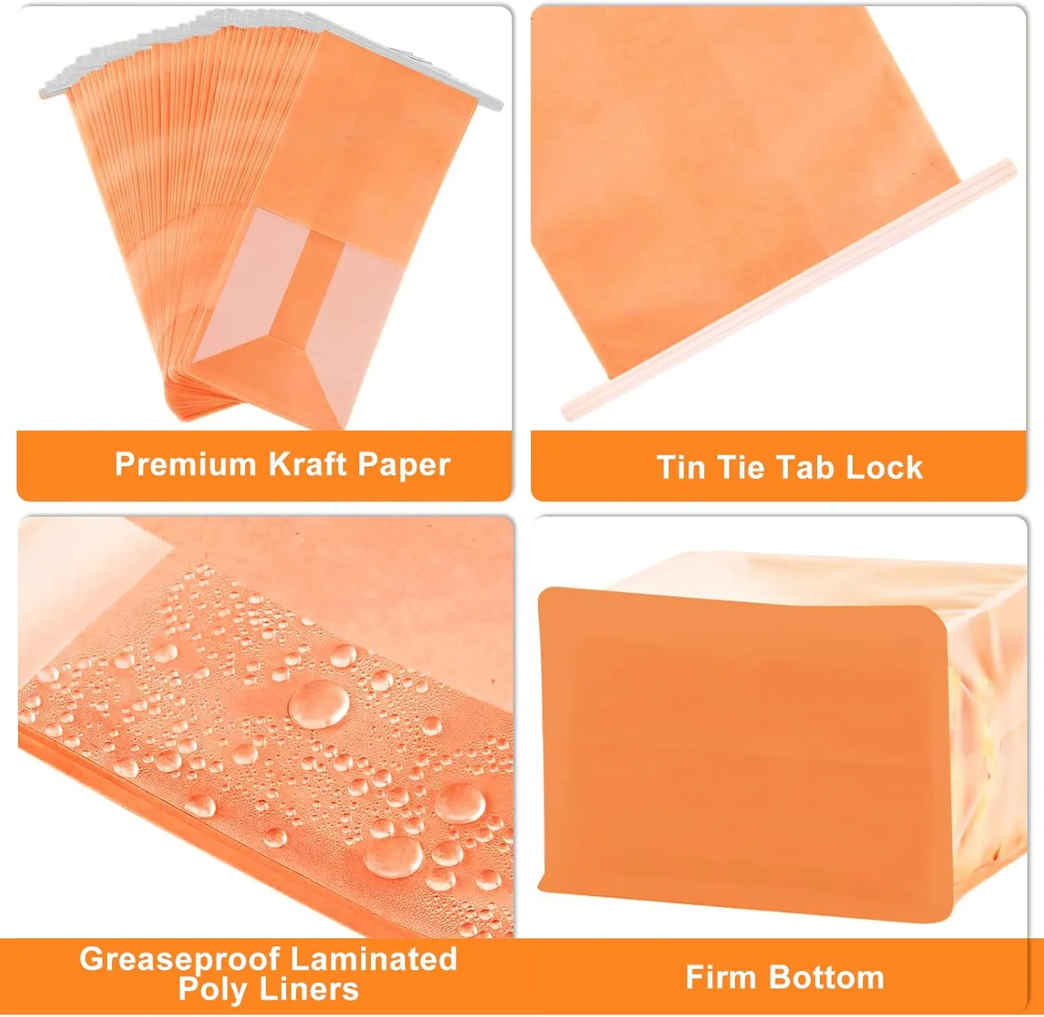 50 Pack Bakery Bags with Window - Reusable Kraft Paper Bread Bags with Tin Tie Tab Lock, Can Stand Upright, Orange