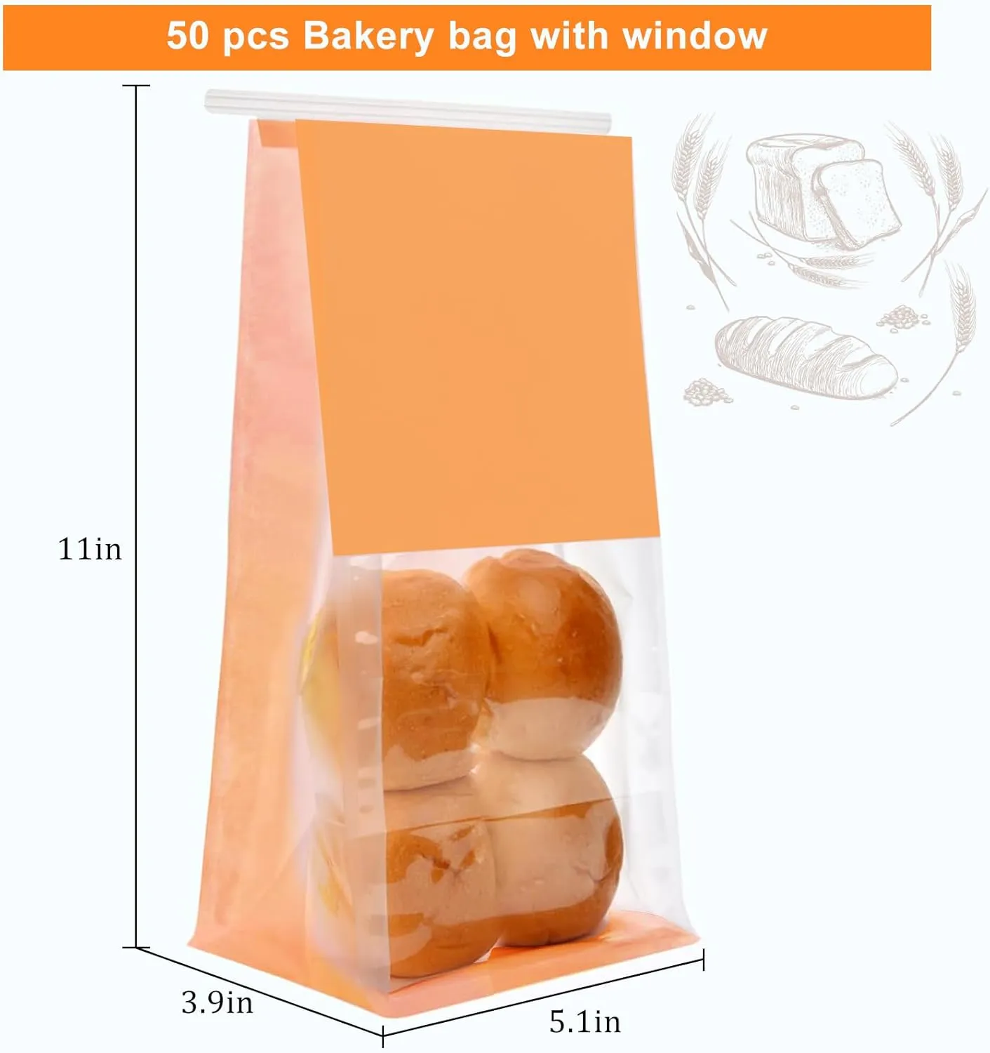 50 Pack Bakery Bags with Window - Reusable Kraft Paper Bread Bags with Tin Tie Tab Lock, Can Stand Upright, Orange