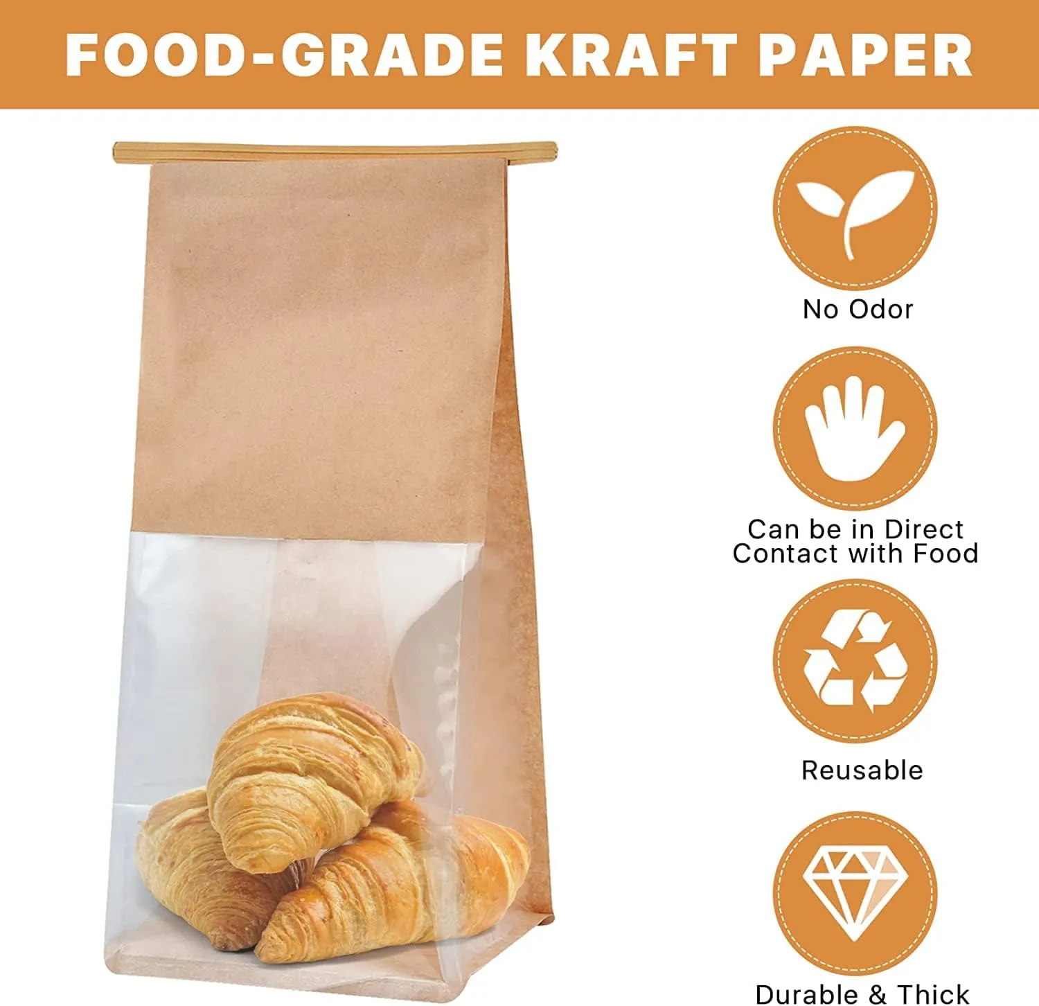 50pcs Bakery Bags with Window- 5.1x4.3x11 Inches Tin Tie Tab Lock Kraft Tin Tie Cookie Packaging Bags Paper Bread Bags Kraft Paper Bags with Window (Brown, 50 Count (Pack of 1))