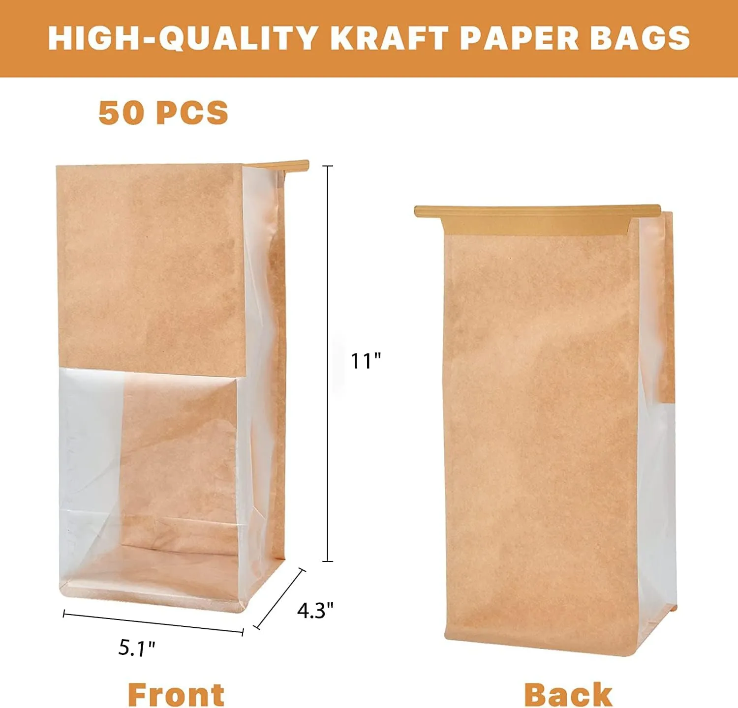 50pcs Bakery Bags with Window- 5.1x4.3x11 Inches Tin Tie Tab Lock Kraft Tin Tie Cookie Packaging Bags Paper Bread Bags Kraft Paper Bags with Window (Brown, 50 Count (Pack of 1))