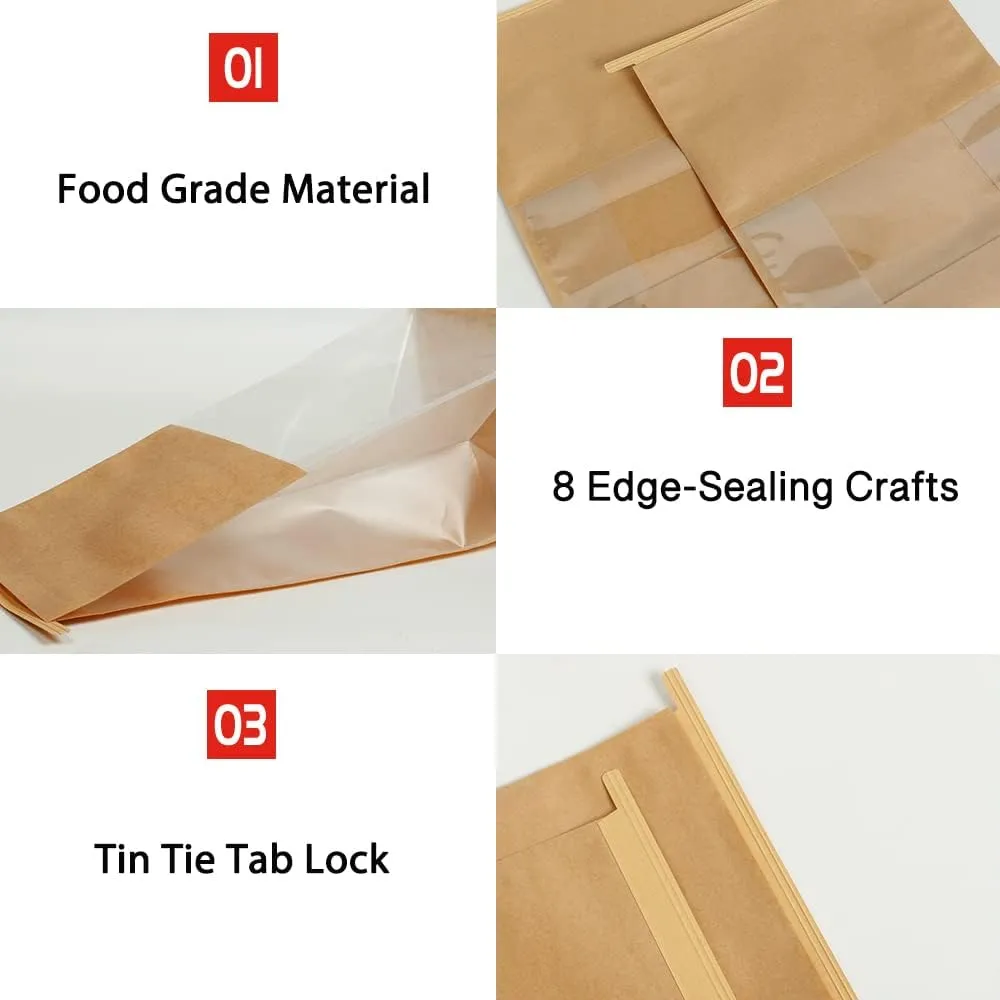 50pcs Bakery Bags with Window- 5.1x4.3x11 Inches Tin Tie Tab Lock Kraft Tin Tie Cookie Packaging Bags Paper Bread Bags Kraft Paper Bags with Window (Brown, 50 Count (Pack of 1))