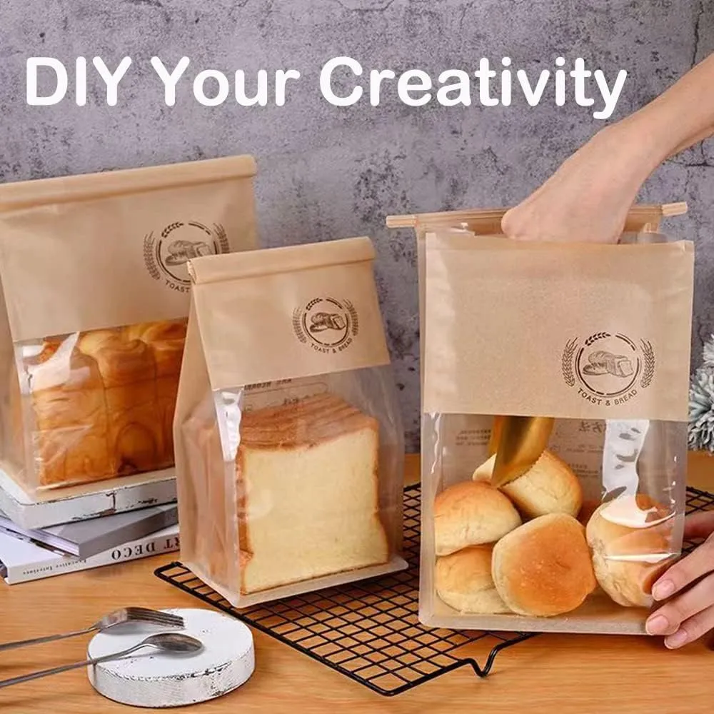 50pcs Bakery Bags with Window- 5.1x4.3x11 Inches Tin Tie Tab Lock Kraft Tin Tie Cookie Packaging Bags Paper Bread Bags Kraft Paper Bags with Window (Brown, 50 Count (Pack of 1))