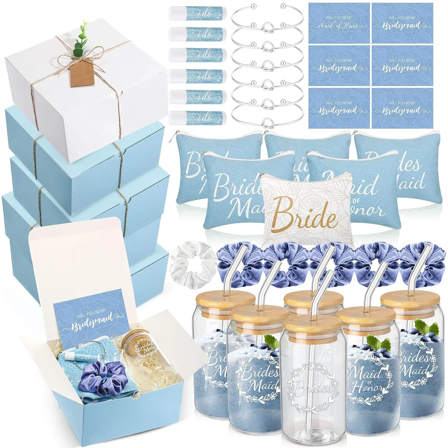 54 Pcs Bridesmaid Proposal Gifts Bridesmaid Box Set Include Bridal Shower Gift Box Makeup Bag Invited Card Glass Cup Lip Balm Scrunchie Hair Knotted Bracelet for Maid of Honor(Blue, White)