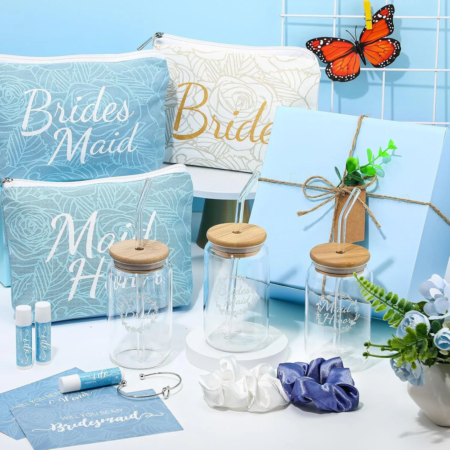 54 Pcs Bridesmaid Proposal Gifts Bridesmaid Box Set Include Bridal Shower Gift Box Makeup Bag Invited Card Glass Cup Lip Balm Scrunchie Hair Knotted Bracelet for Maid of Honor(Blue, White)