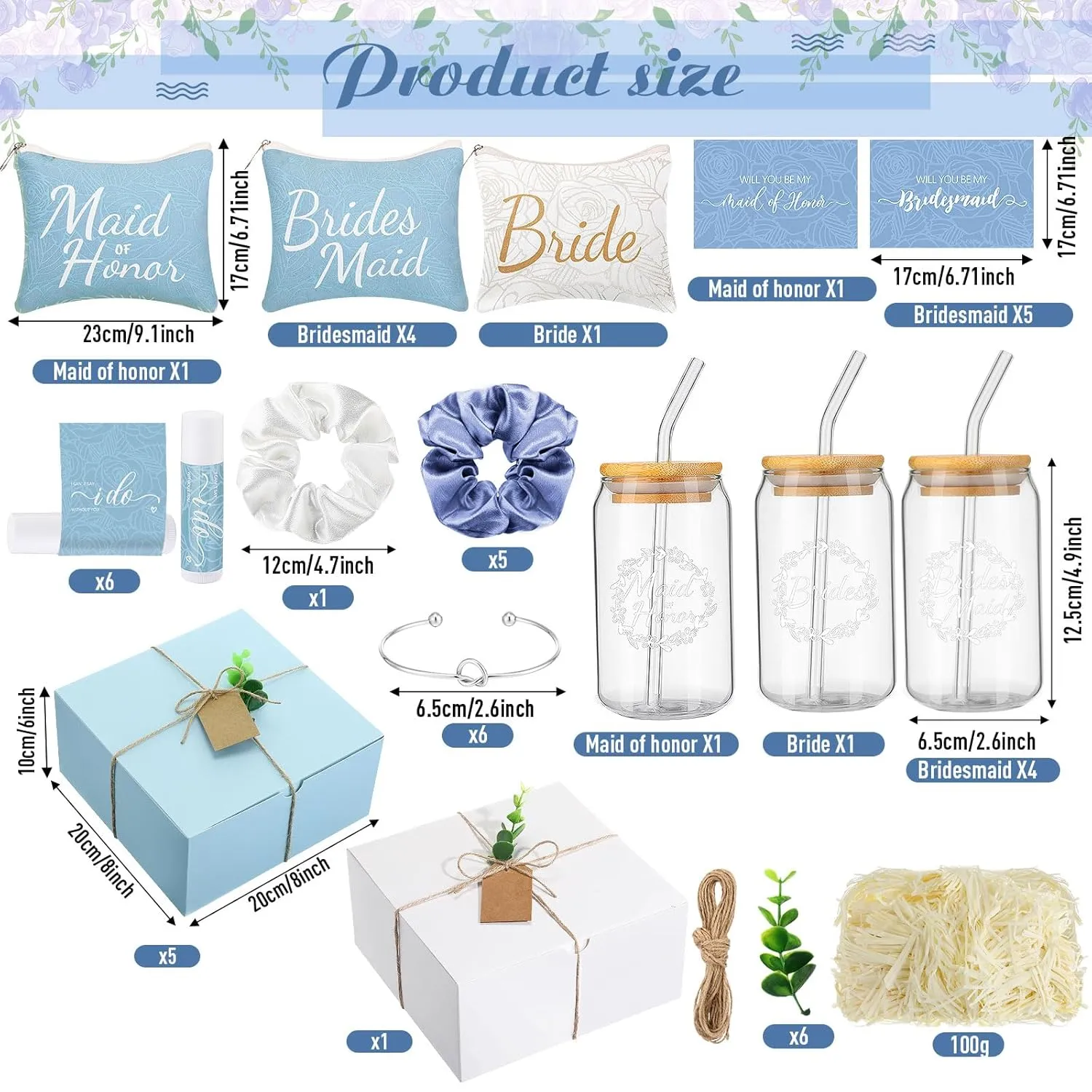 54 Pcs Bridesmaid Proposal Gifts Bridesmaid Box Set Include Bridal Shower Gift Box Makeup Bag Invited Card Glass Cup Lip Balm Scrunchie Hair Knotted Bracelet for Maid of Honor(Blue, White)