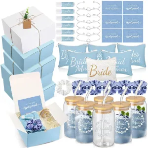 54 Pcs Bridesmaid Proposal Gifts Bridesmaid Box Set Include Bridal Shower Gift Box Makeup Bag Invited Card Glass Cup Lip Balm Scrunchie Hair Knotted Bracelet for Maid of Honor(Blue, White)