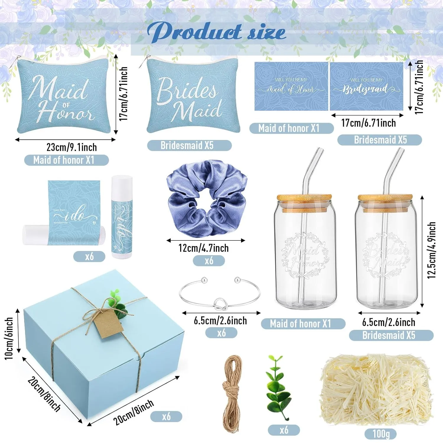 54 Pcs Bridesmaid Proposal Gifts Bridesmaid Box Set Include Bridal Shower Gift Box Makeup Bag Invited Card Glass Cup Lip Balm Scrunchie Hair Knotted Bracelet for Maid of Honor(Blue)