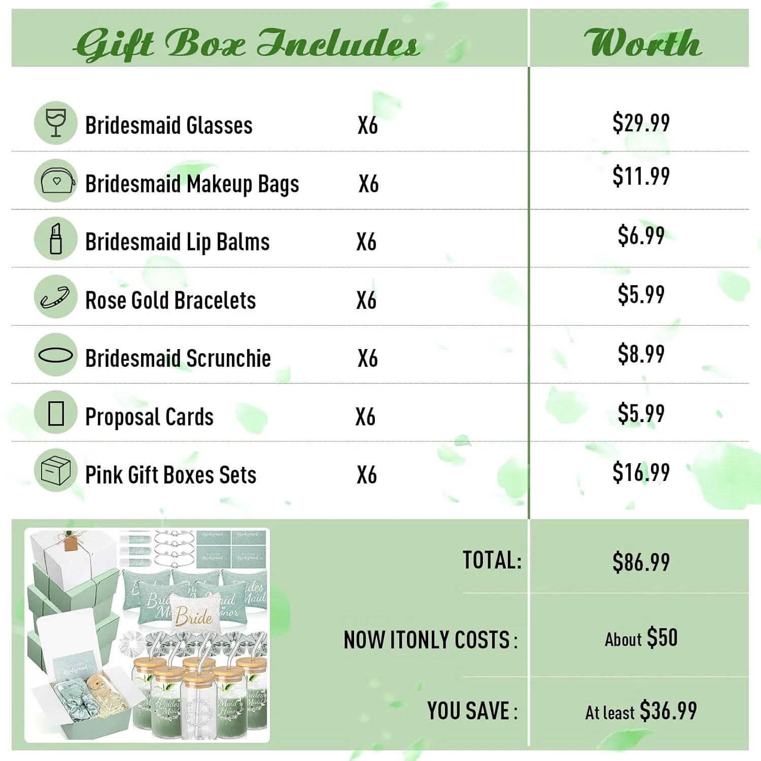 54 Pcs Bridesmaid Proposal Gifts Bridesmaid Box Set Include Bridal Shower Gift Box Makeup Bag Invited Card Glass Cup Lip Balm Scrunchie Hair Knotted Bracelet for Maid of Honor(Green, White)