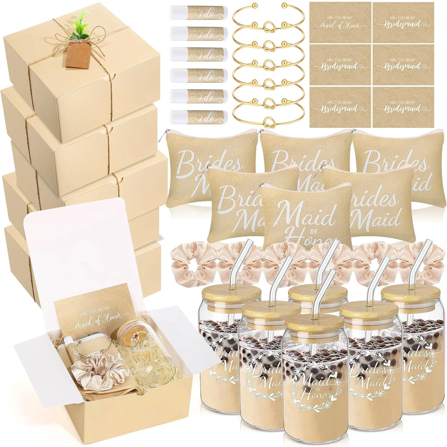 54 Pcs Bridesmaid Proposal Gifts Will You Be My Bridesmaid Set Include Gift Box Makeup Bag Invited Card Glass Cup Lip Balm Scrunchie Hair Knotted Bracelet for Maid of Honor(Beige)