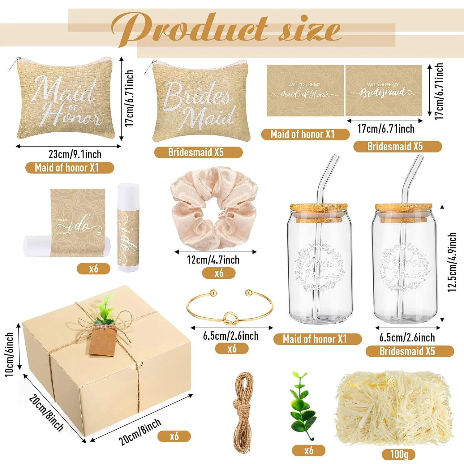 54 Pcs Bridesmaid Proposal Gifts Will You Be My Bridesmaid Set Include Gift Box Makeup Bag Invited Card Glass Cup Lip Balm Scrunchie Hair Knotted Bracelet for Maid of Honor(Beige)