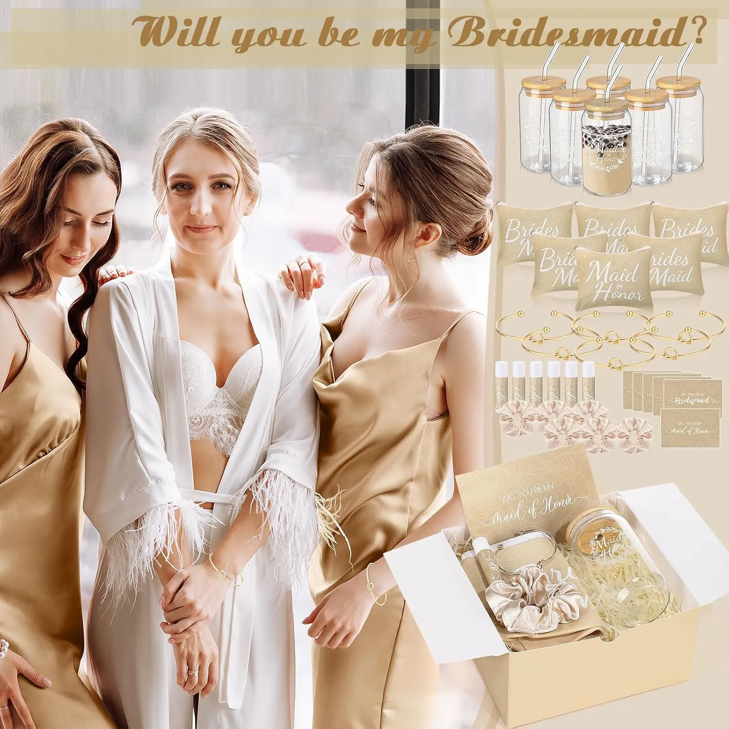 54 Pcs Bridesmaid Proposal Gifts Will You Be My Bridesmaid Set Include Gift Box Makeup Bag Invited Card Glass Cup Lip Balm Scrunchie Hair Knotted Bracelet for Maid of Honor(Beige)