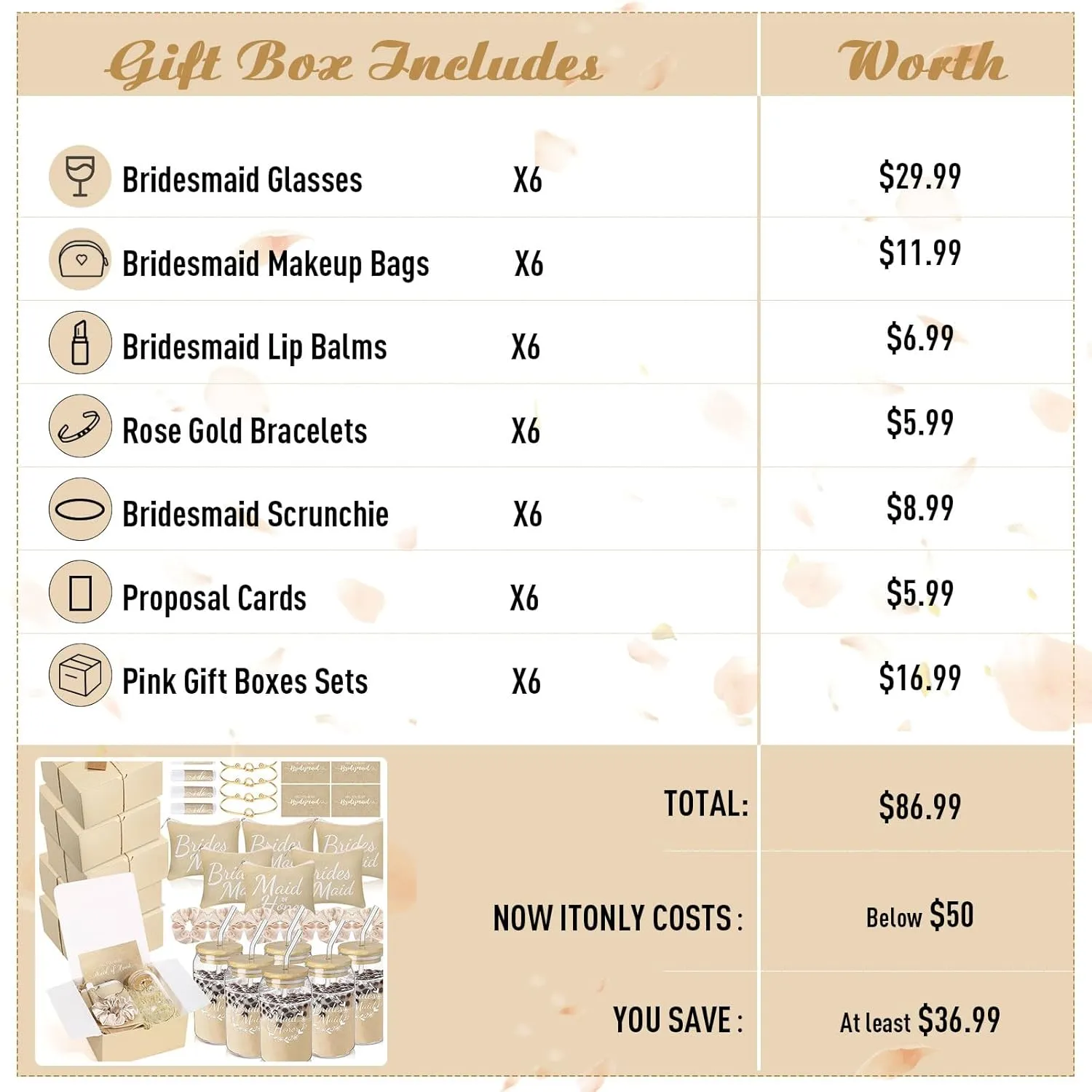 54 Pcs Bridesmaid Proposal Gifts Will You Be My Bridesmaid Set Include Gift Box Makeup Bag Invited Card Glass Cup Lip Balm Scrunchie Hair Knotted Bracelet for Maid of Honor(Beige)