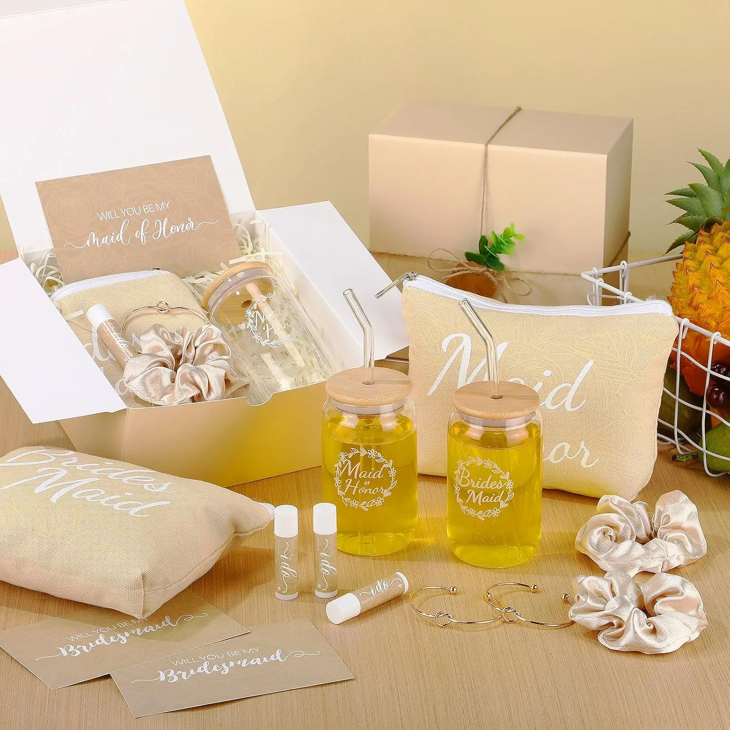 54 Pcs Bridesmaid Proposal Gifts Will You Be My Bridesmaid Set Include Gift Box Makeup Bag Invited Card Glass Cup Lip Balm Scrunchie Hair Knotted Bracelet for Maid of Honor(Beige)