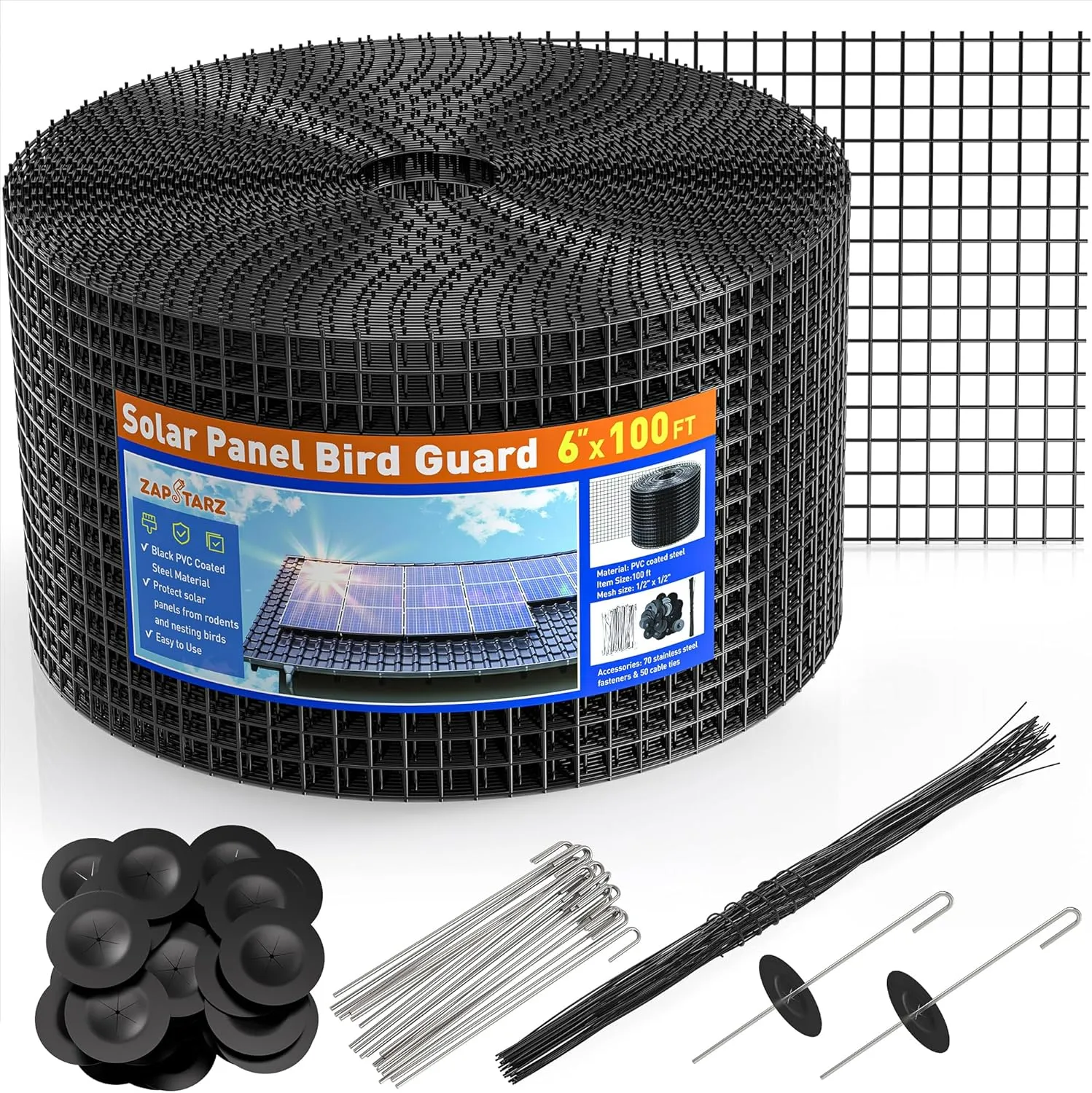 6 inch x 100ft Solar Panel Bird Guard, Wire Mesh Critter Guard for Solar Panels with 70pcs Fasteners, PVC Coated Pigeon Barrier Netting Solar Panel Mesh Screen for Bird Proof Squirrel Fence