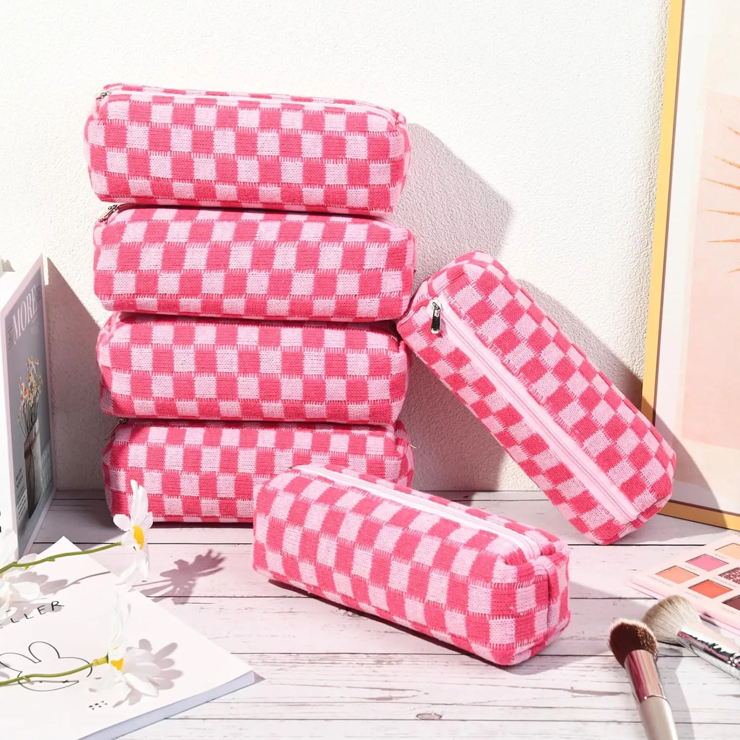 6 Pcs Checkered Makeup Bag Preppy Cosmetic Bag Bulk Makeup Pouch Personalize Travel Toiletry Bag Organizer Cute DIY Makeup Brushes Storage Bag for Women Rose red