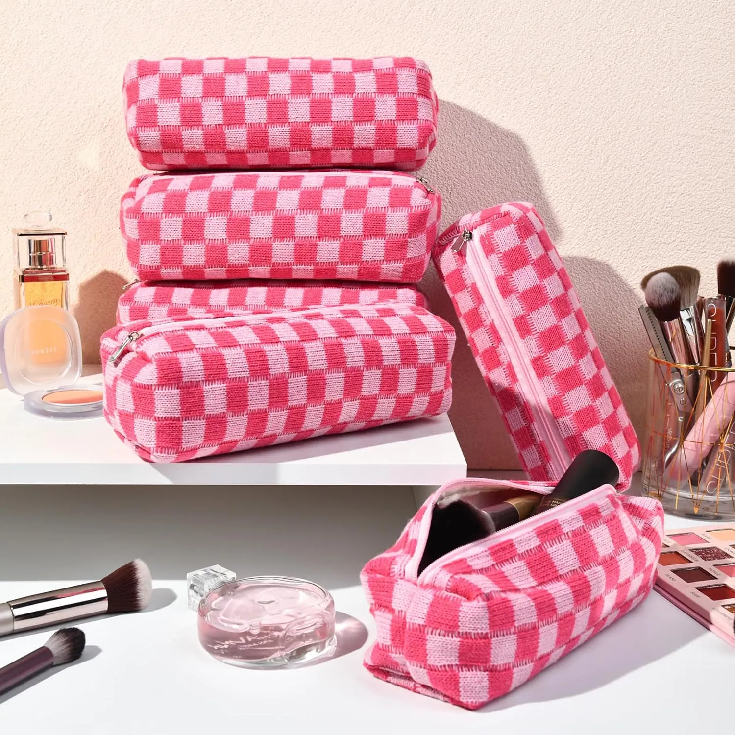 6 Pcs Checkered Makeup Bag Preppy Cosmetic Bag Bulk Makeup Pouch Personalize Travel Toiletry Bag Organizer Cute DIY Makeup Brushes Storage Bag for Women Rose red