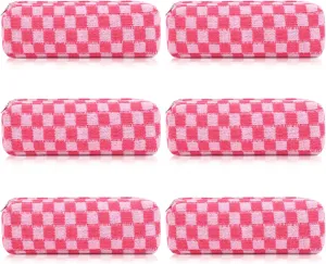 6 Pcs Checkered Makeup Bag Preppy Cosmetic Bag Bulk Makeup Pouch Personalize Travel Toiletry Bag Organizer Cute DIY Makeup Brushes Storage Bag for Women Rose red